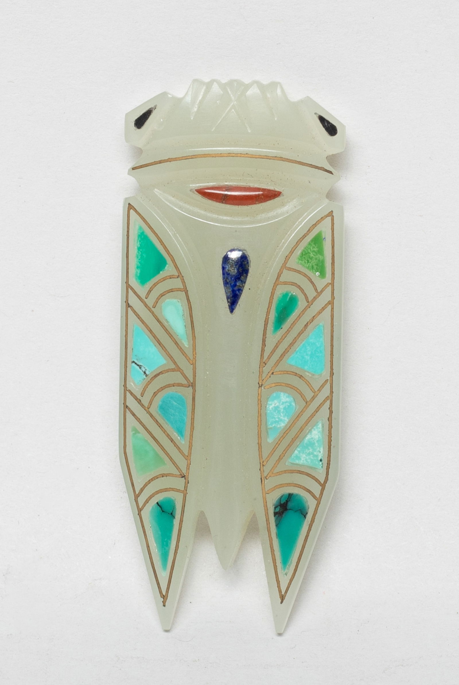 Estate Chinese Jade Cicada Inlaid Stone: Chinese pale celadon jade carved cicada form sculpture, inlaid with multi gemstone. Approx. 2.16*0.87 inch.