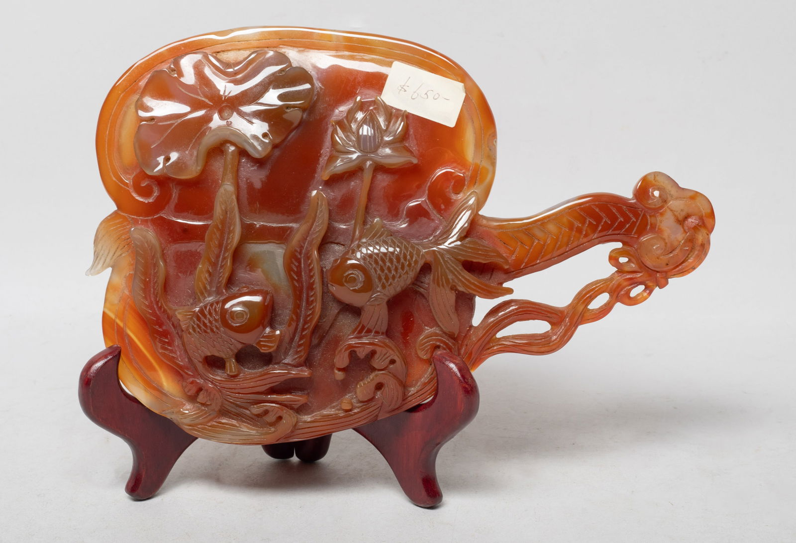 Vintage Chinese Cameo Agate Table Sculpture: Chinese cameo agate table sculpture of fan form, one side carved in high relief with a pair of goldfish among lotus, with stand. Approx. 8.7*5.8 inch (w/o stand).