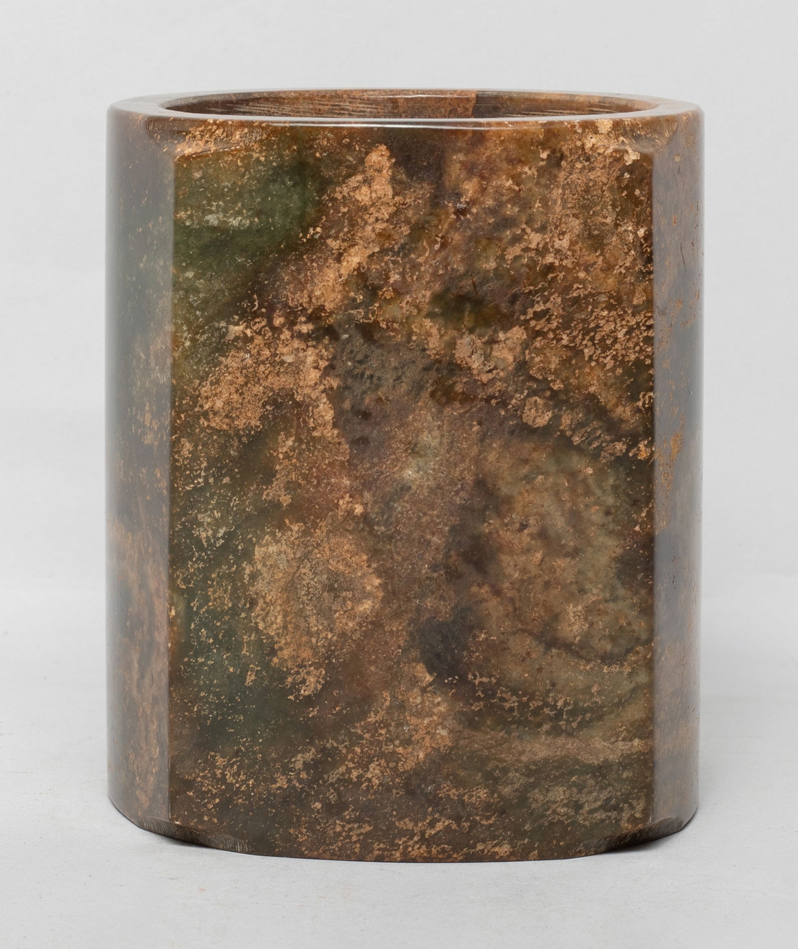 Chinese Russet Jade Sculpture of Cong: The thin-walled cong of short cylindrical square section, the exterior well smoothed. Approx. 3.85*3.84.5 inch.