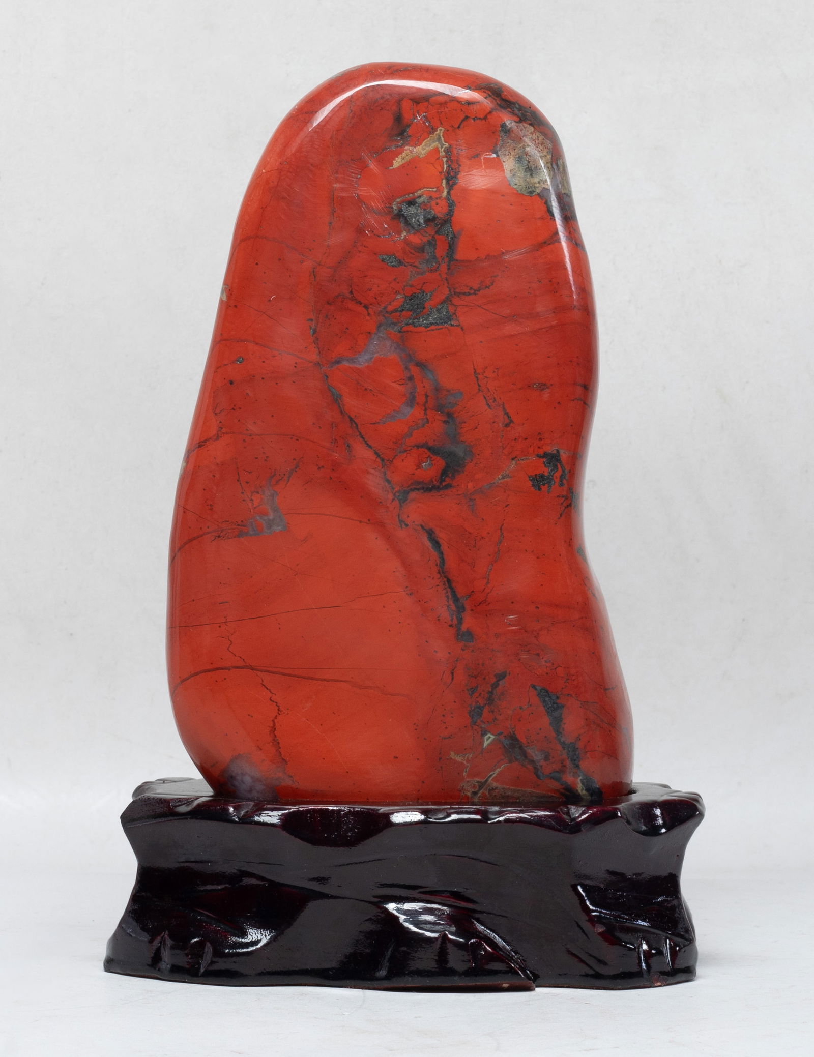 Vintage Chinese Jasper Scholar Stone: Collectible heavy Chinese jasper scholar stone sculpture, with stand. Approx. 8.6*4.6*2.7 inch (w/o stand).