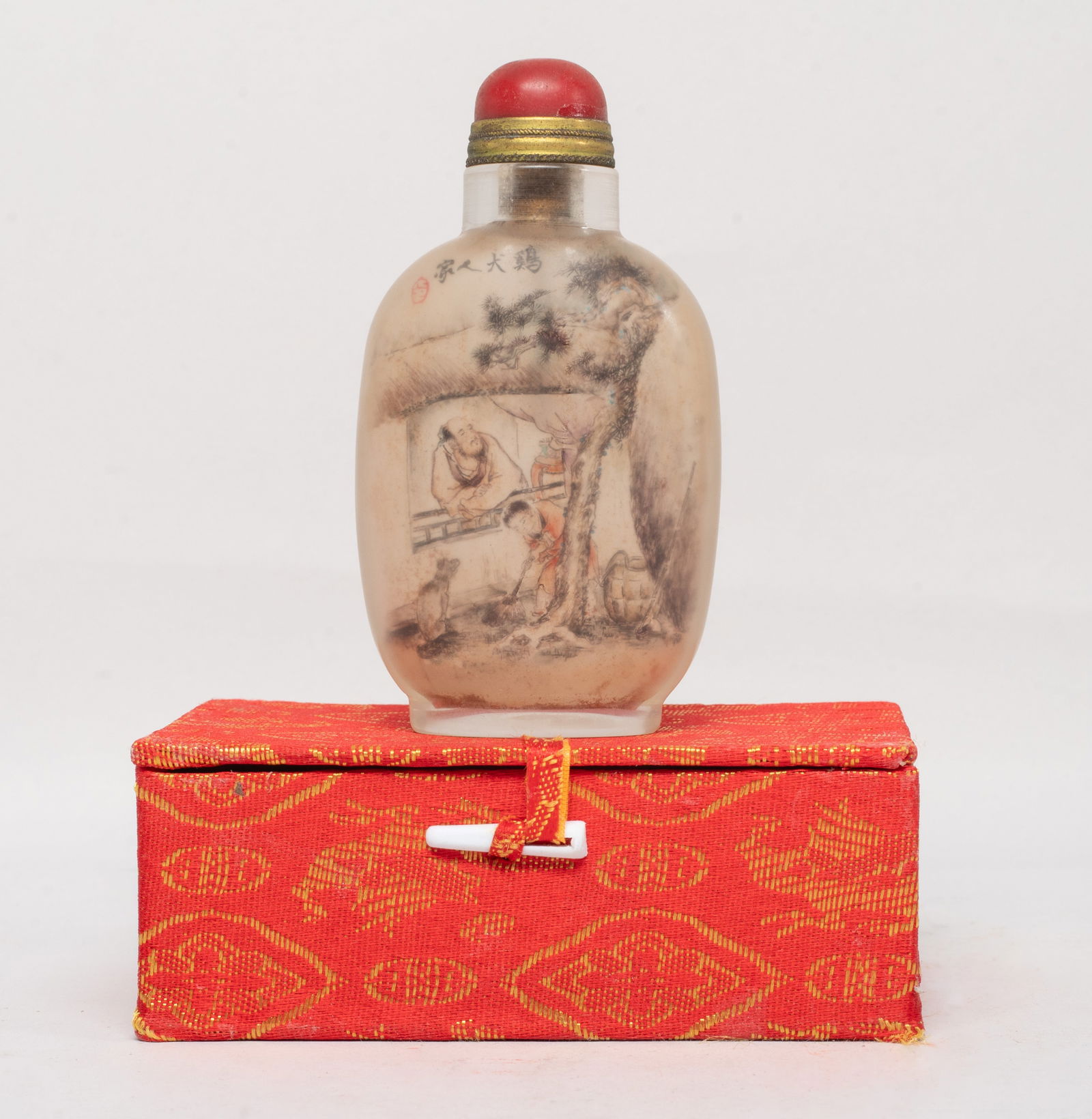Chinese Inside Painted Glass Snuff Bottle: Of rounded rectangular form, the inside painted with a figural scene on one side and the reverse inscribed with poems, with a stopper and a box. Approx. 3.7*2*1.1 inch (w/o box).