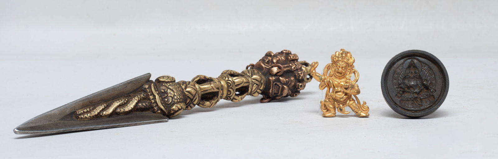 Chinese Tibetan Bronze Sculptures: Including a Buddha sculpture, a Buddhist vajra, and a seal mold. Approx. 7.7*1.05 inch (vajra size).
