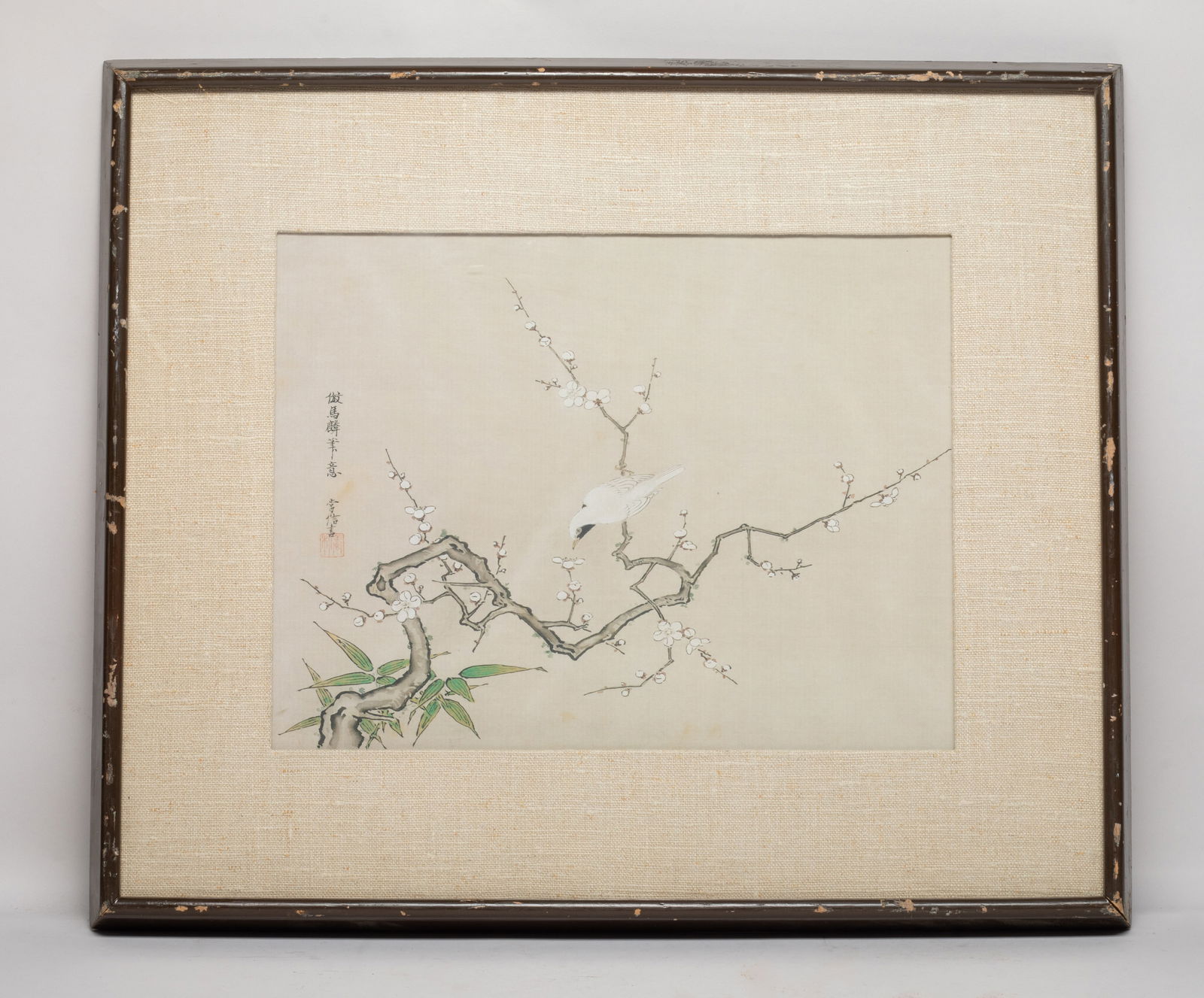 Chinese Export Water Color Painting: Chinese framed watercolor on cloth painting, depicting a white bird on a blossoming flower tree branch, inscribed with related passages. Approx. 20*16.7 inch (frame size).