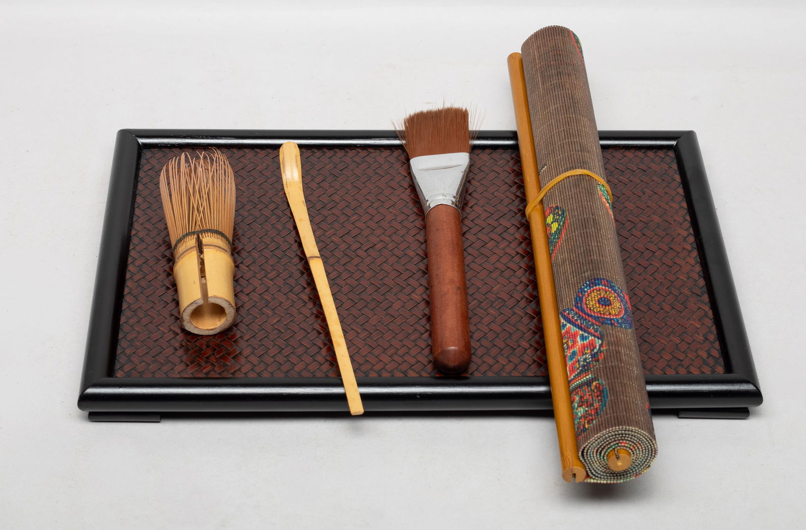 Vtg. Chinese Rattan Tray, Tea Wares (1 of 7)