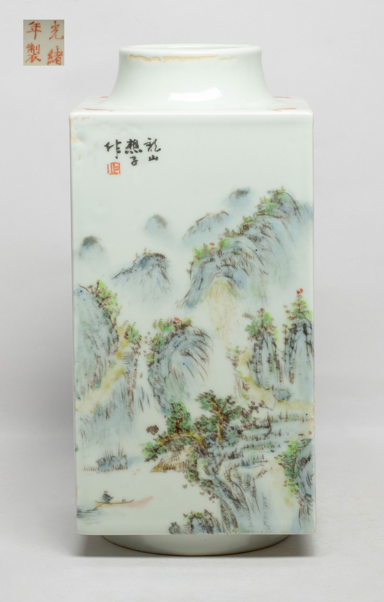 Tall Chinese Export Famille Rose Porcelain Vase: Of tall square section with circular foot and mouth, painted on two opposite sides with mountain landscape scene, the other two sides inscribed with related passages, the top painted with a copper red