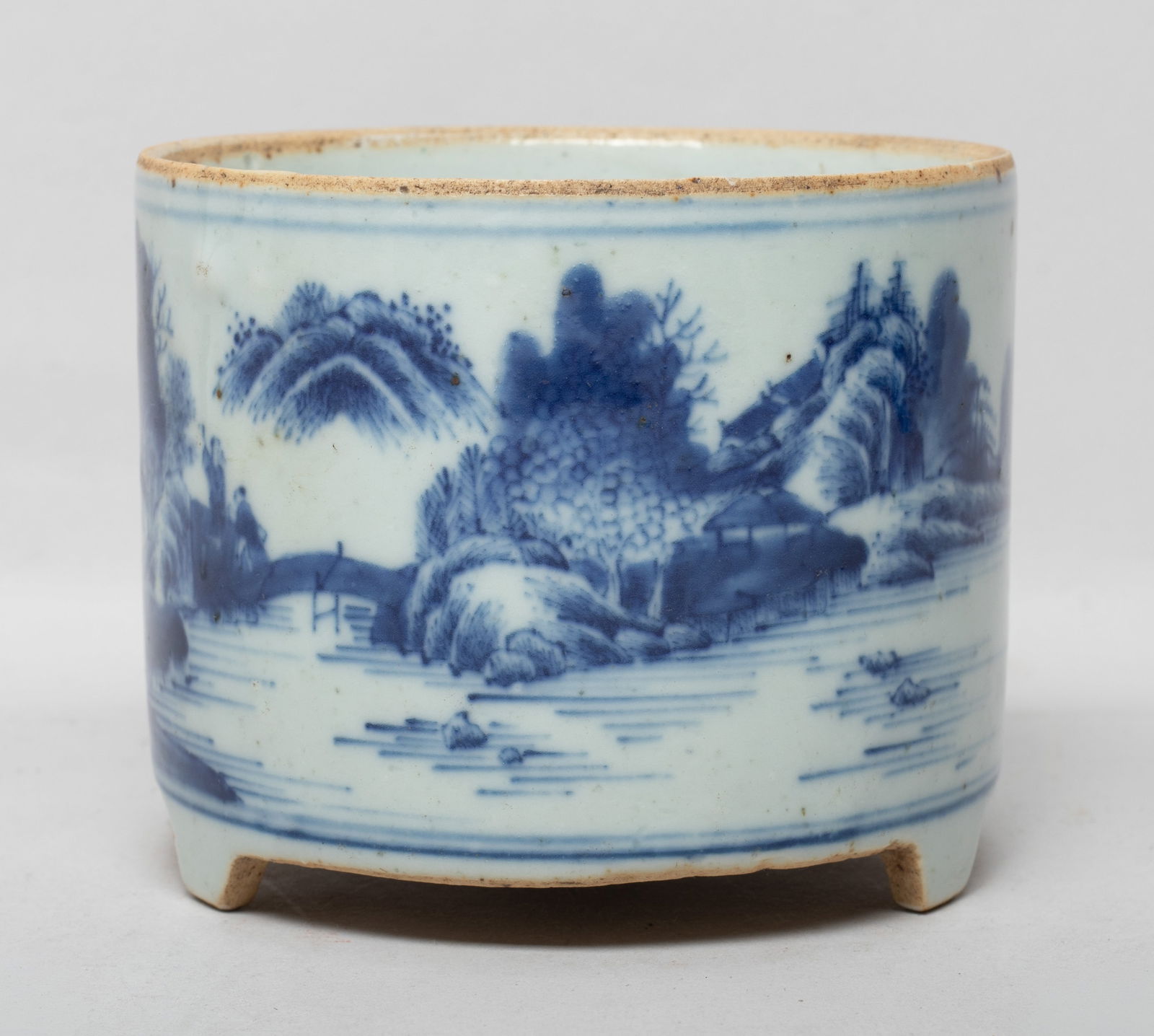 Chinese Blue & White Porcelain Cabinet Censer: Of cylindrical form, the exterior painted with continuous landscape scene. Approx. 4.3*3.5 inch.