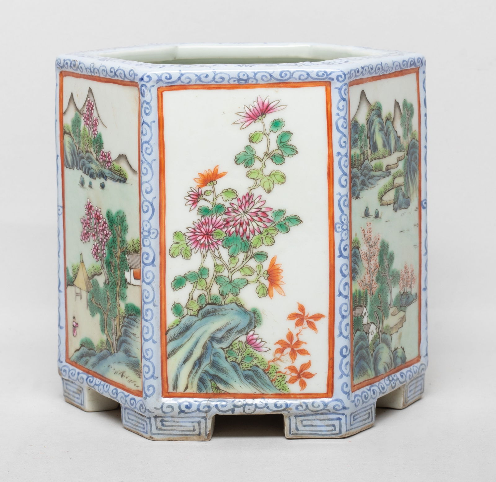 Estate Chinese Famille Rose Porcelain Brush Pot: Of hexagonal section, the sides painted with scene of landscape, chrysanthemum, peony & butterfly, or pine tree & lingzhi & birds & dragonfly. Approx. 5.9*4.9*5.3 inch.