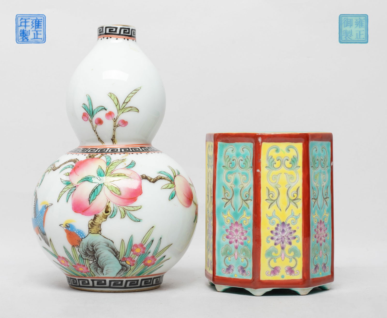 Estate Chinese Export Porcelain Vase, Pot: The vase of double gourd shape, painted with birds, flowers, and peach tree, inscribed with related poems, the brush pot exterior enameled with lotus on turquoise and yellow glazed ground, the interio