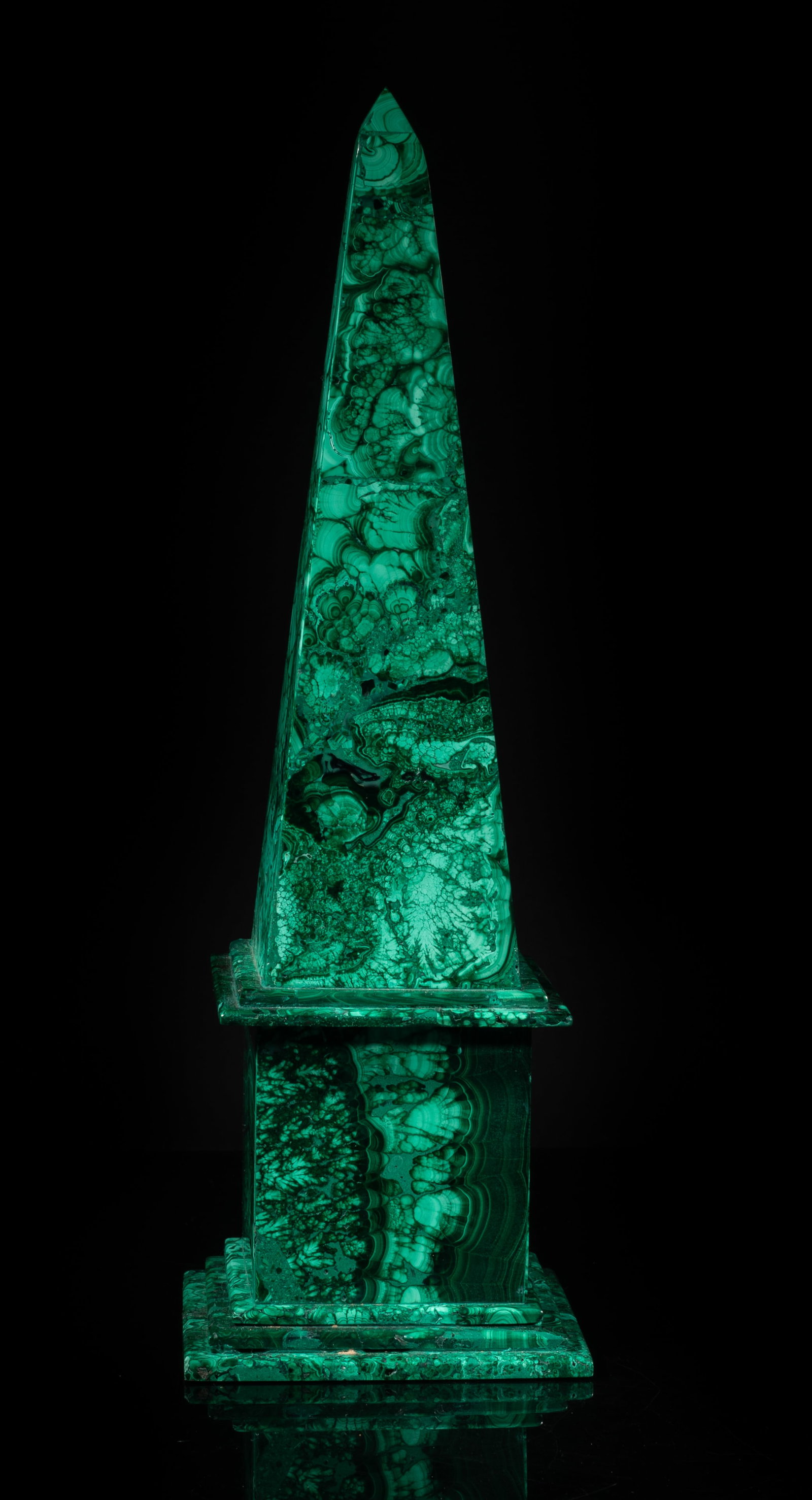 Tall Malachite Obelisk Sculpture: Tall table decor malachite obelisk sculpture. Approx. 13.5*4.3*4.3 inch.