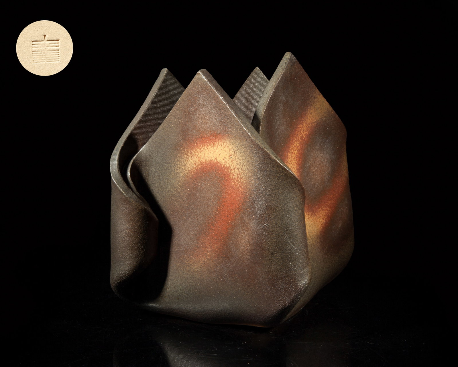 Studio Art Hand Made Stoneware Vase: Rare special form studio art hand made stoneware vase. Approx. 8.5*6.5*6.5 inch.