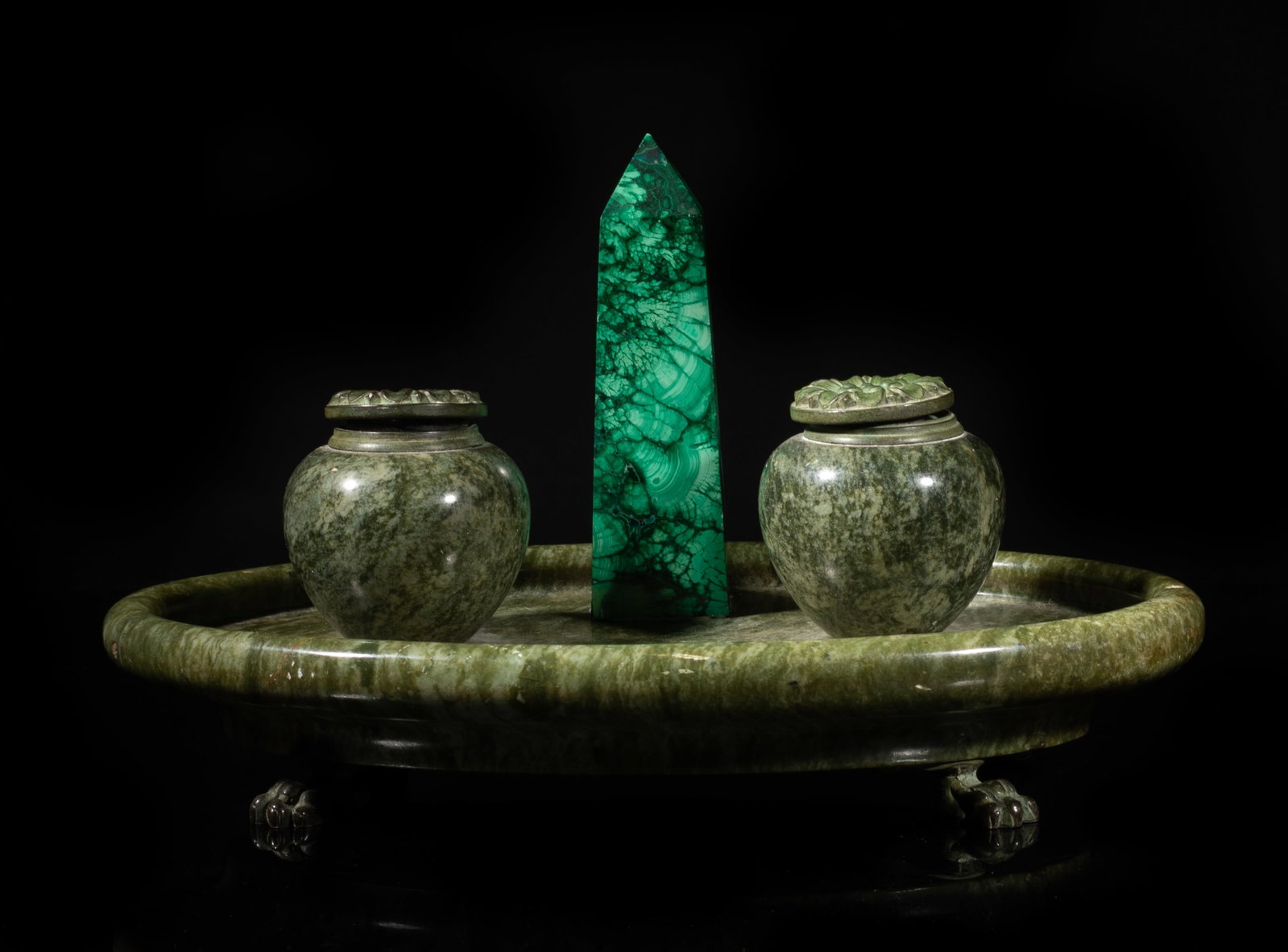 Early 1900s France Malachite,Marble Inkwell: The oval shaped marble tray supported on four paw form feet, with two marble and glass inkwells and a malachite point sculpture. Approx. 10.7*6.8*6.3 inch.