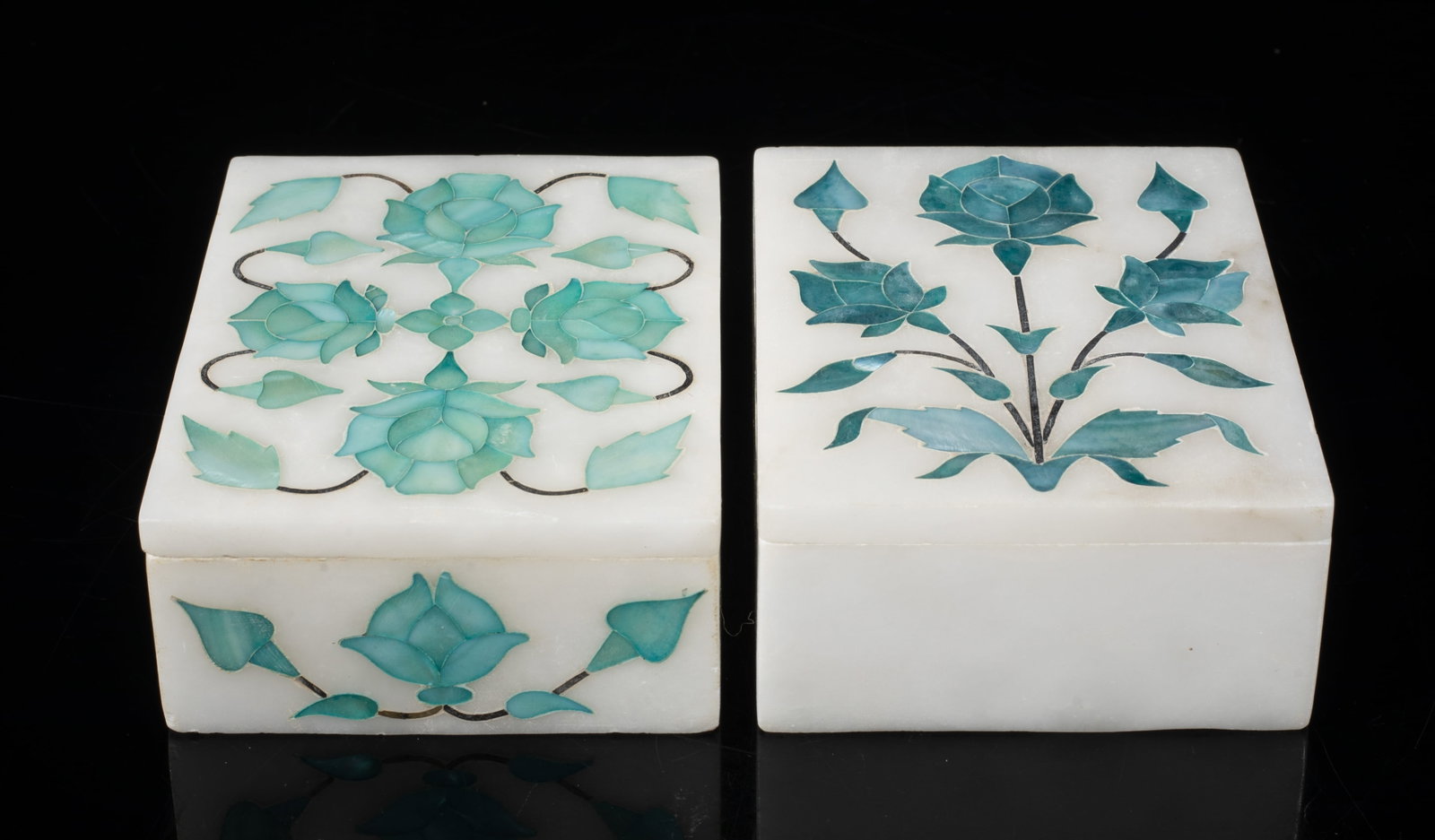 Two West Asian Marble Inlaid MOP Boxes: Two West Asian white marble boxes inlaid with colored mother-of-pearl and carved as flowers. Approx. 4*3*1.5 inch (each).