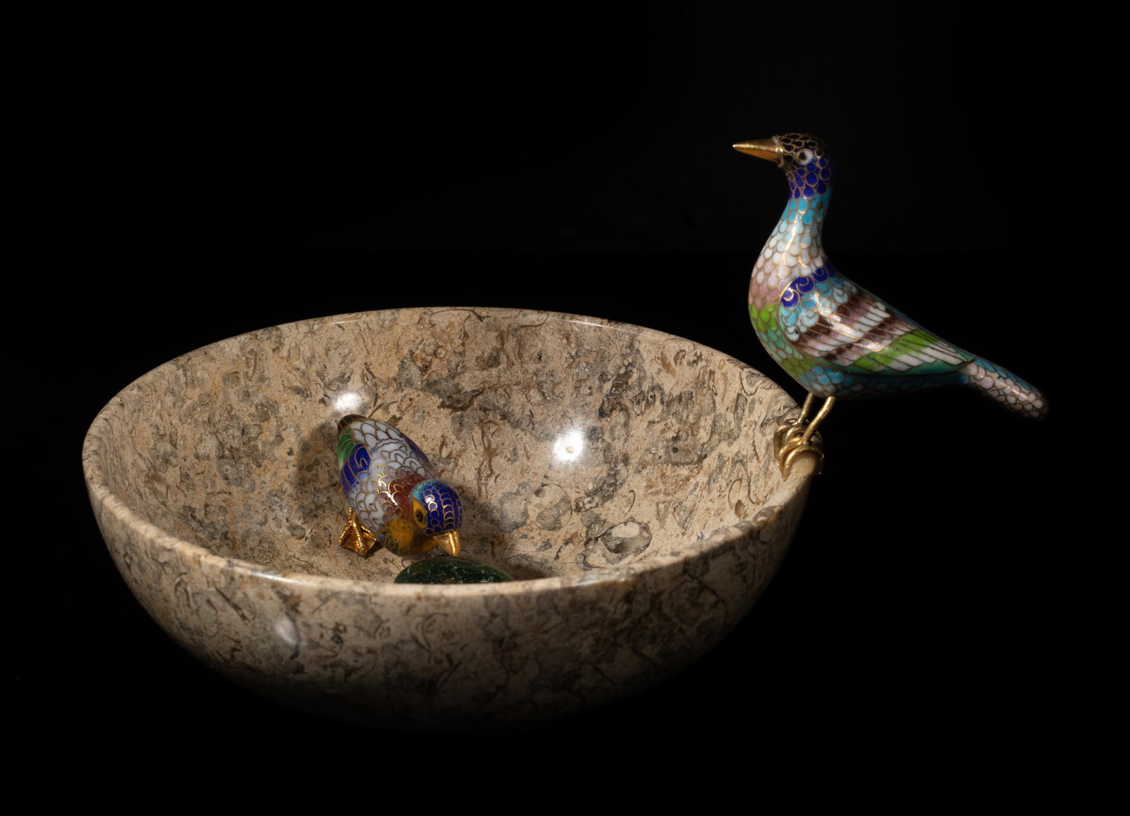 Vintage Fossil Bowl w/ Cloisonne Birds (1 of 15)
