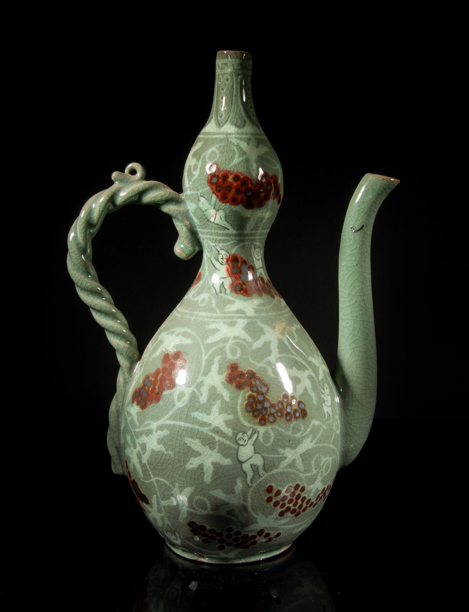 Large Korean Glazed Porcelain Pot: Of double gourd shape, the exterior painted with boys climbing among grape vines on crackled celadon glazed body, with a twisted rope form handle. Approx. 12.8*8.5*6 inch.