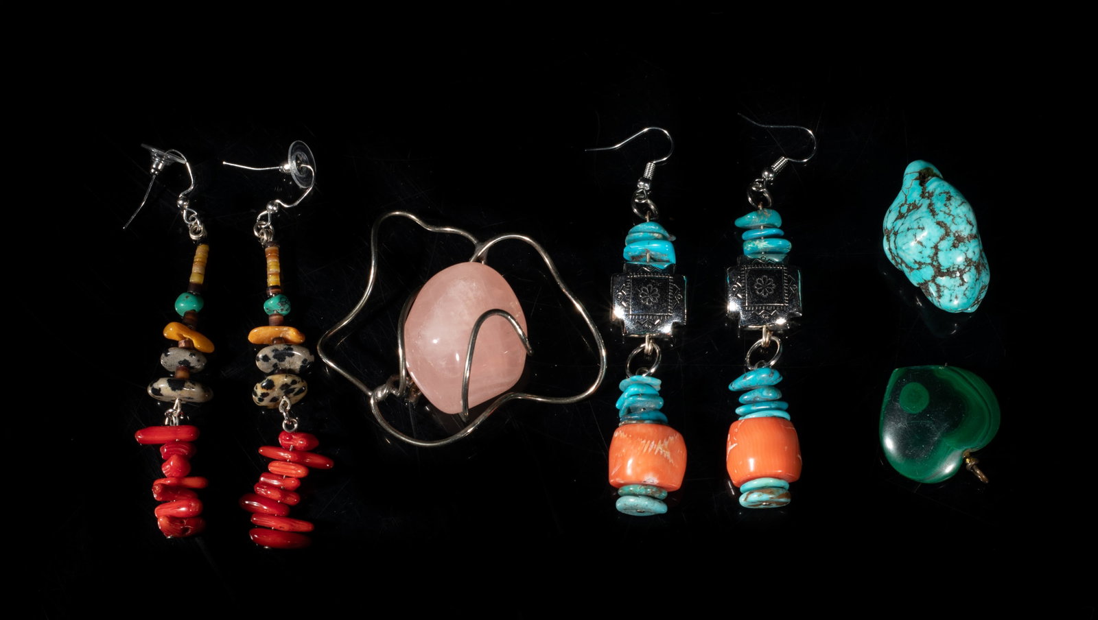Sterling, Turquoise Like, Native American Type Set: Including a rose quartz brooch, a turquoise-like stone nugget, a malachite pendant, and two pairs of Native American type multi-stone earrings. Size varies.