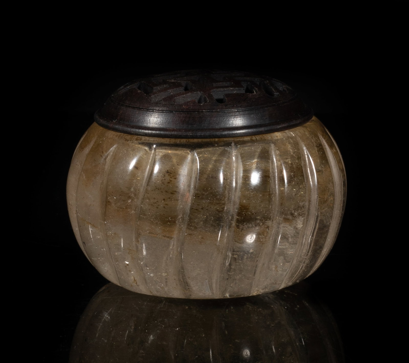Chinese Rock Crystal Jar w/ Wood Cover: Chinese rock crystal jar of lobed form, with an openwork wood lid. Approx. 2.9*1.7 inch (w/o lid).