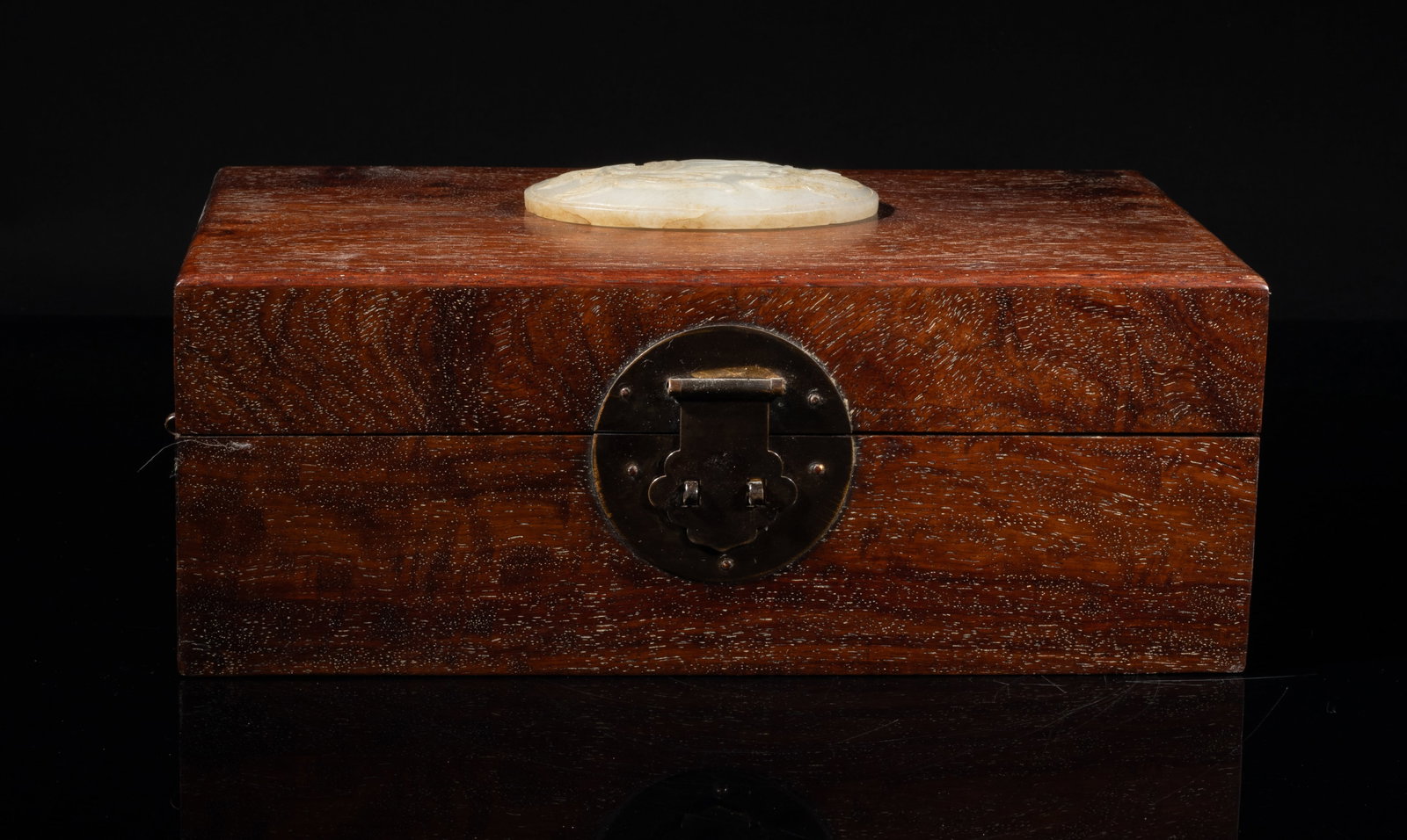 Large Chinese Wood Box w/ Jade Plaque: Collectible Chinese wood box, inlaid with a jade plaque carved with buddha hand citrons issuing from leafy stems. Approx. 9.7*5.8*4 inch. The Estate of the Los Angeles. 1999.