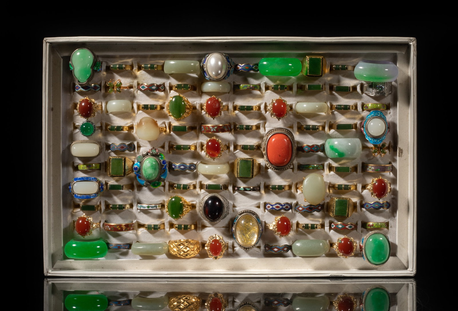 Large Set Chinese Export Rings: Large set of Chinese designed rings, some rings inlaid with stone, some rings glazed, with a tray. Size varies.
