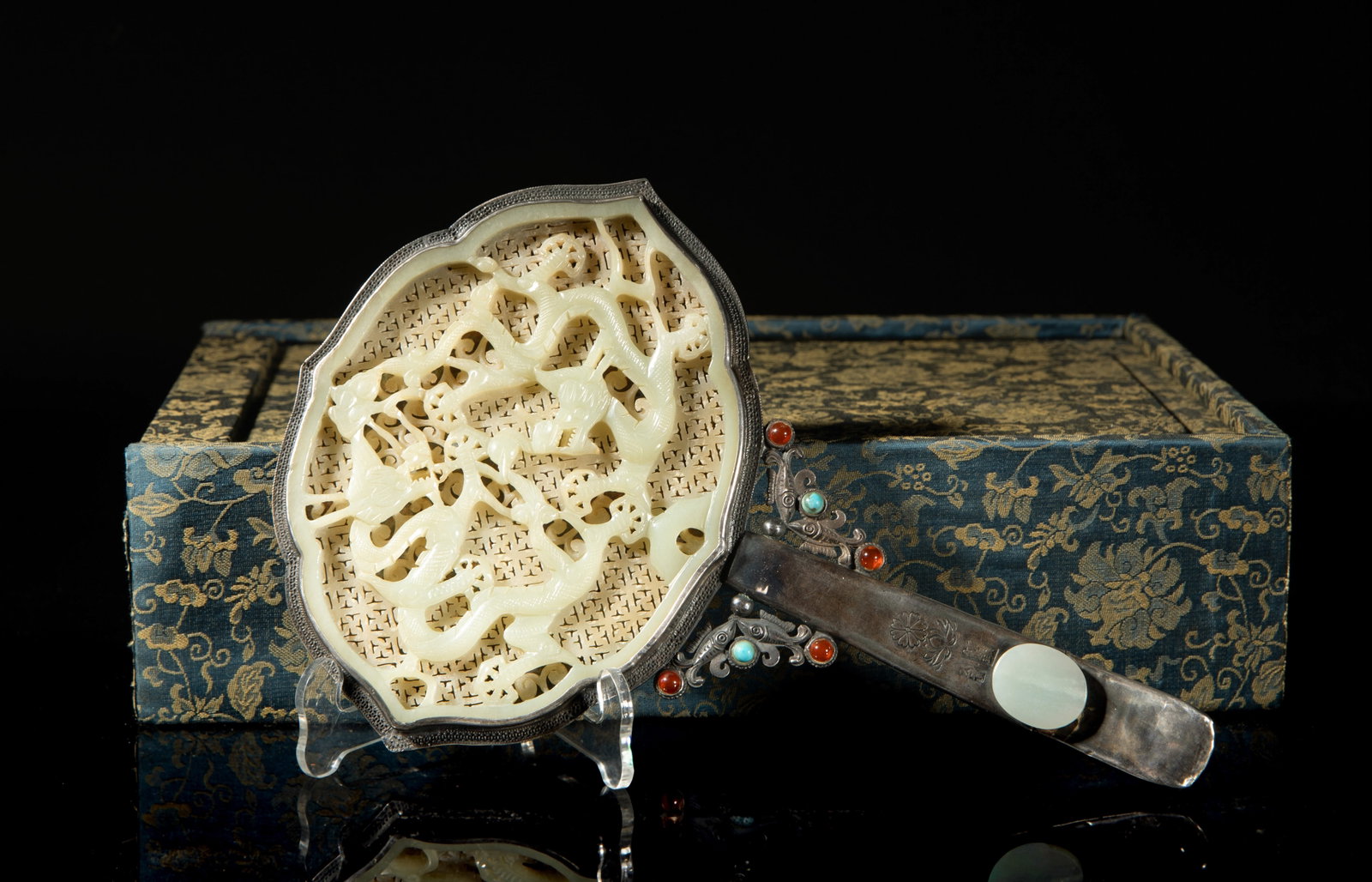 Chinese Sterling Silver Inlaid Jade Hand Mirror (1 of 17)