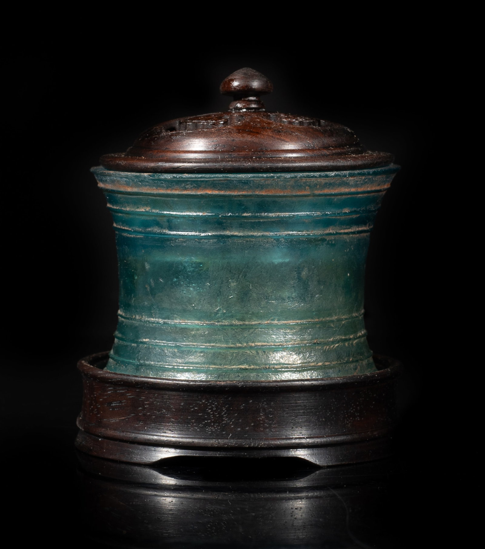 Rare Chinese Early Type Glass Cong: Of waisted cylindrical form, the exterior carved with raised borders, with wood base and lid. Approx. 2.37*1.6 inch (w/o base, lid).