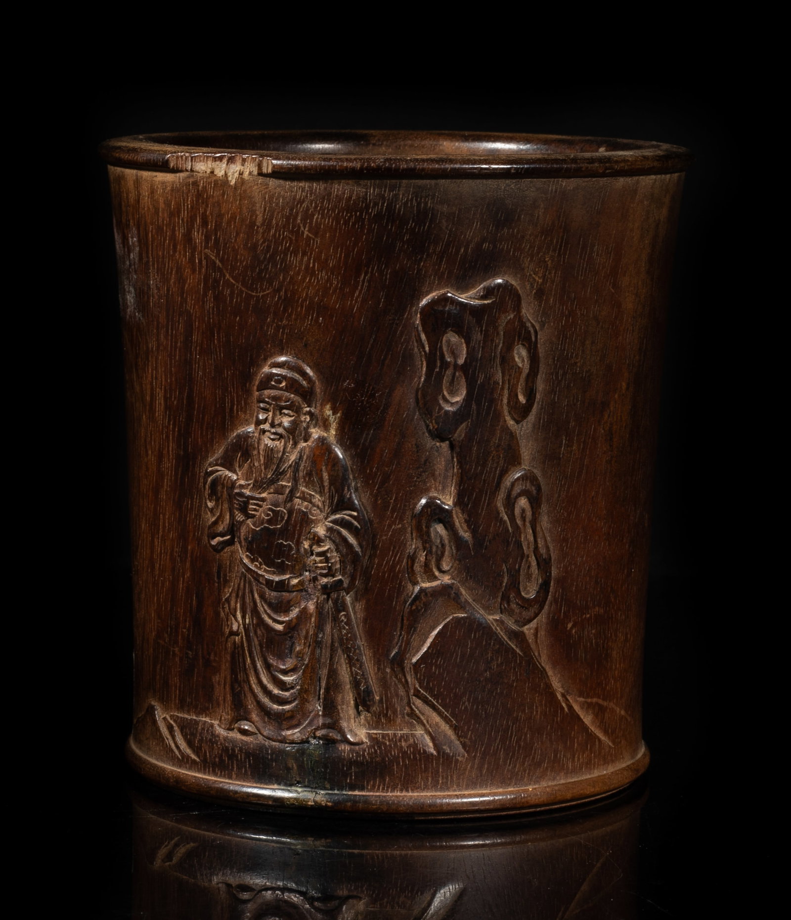 Estate Chinese Export Wood Brush Pot: The brush pot exterior carved with a figure standing beside rock, holding a sword in left hand, inscribed with poems and a seal mark. Approx. 4.5*4.7 inch.