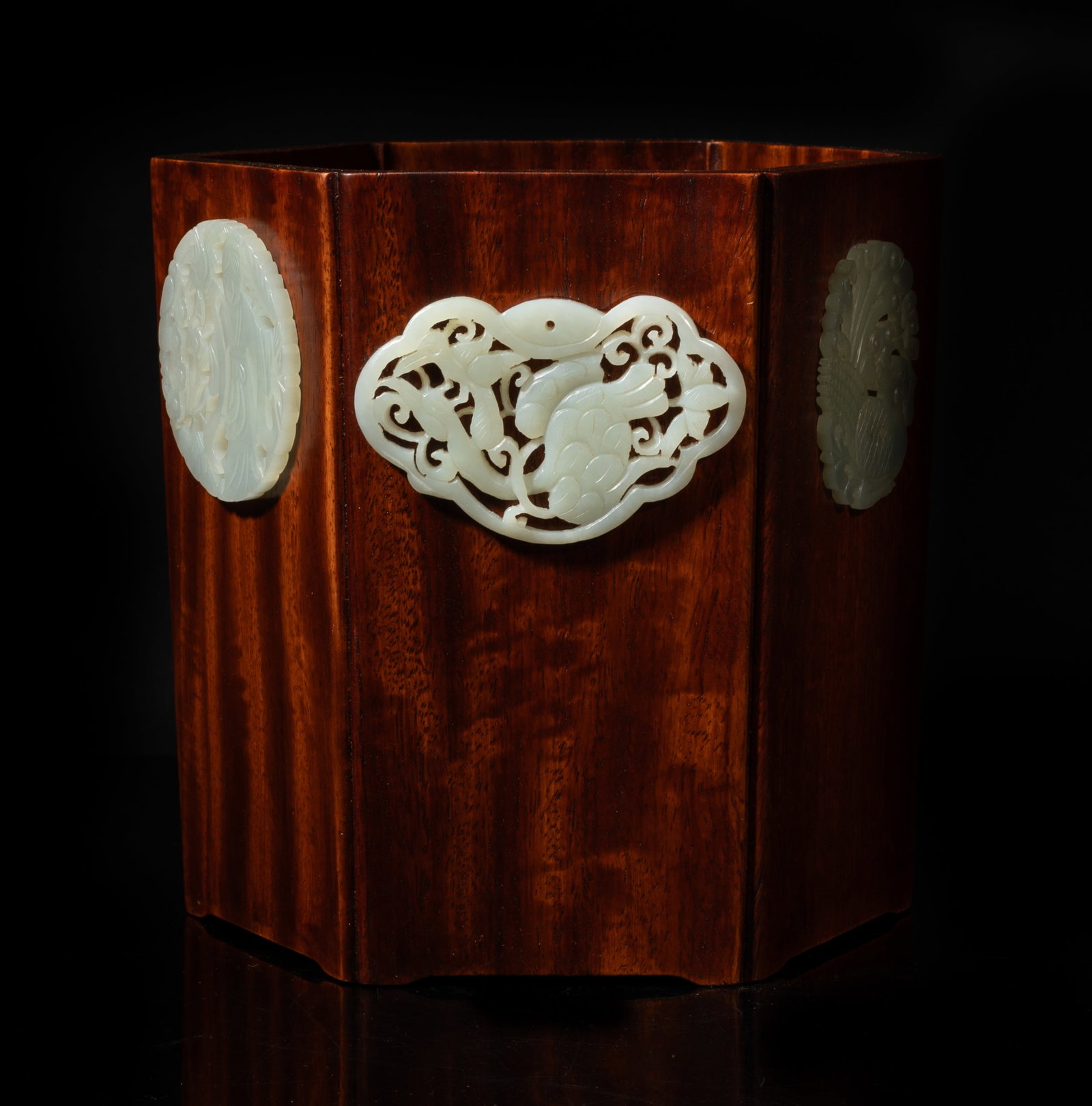 Unusual Chinese Wood, Jade Brush Pot (1 of 10)