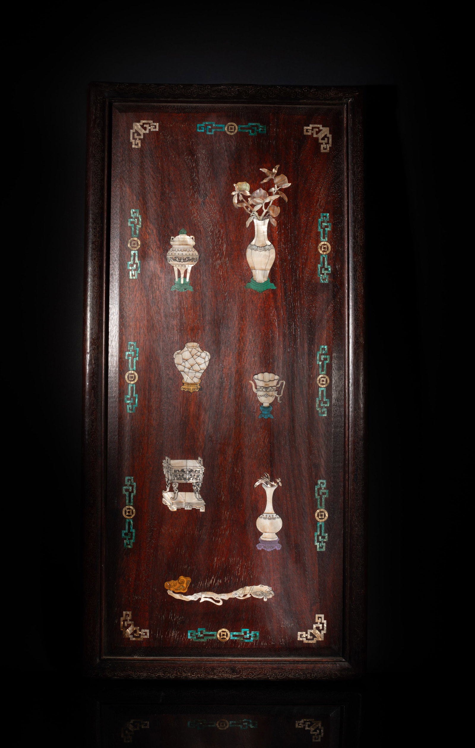 Chinese Hard Wood Inlaid MOP Hanging Plaque: Of tall rectangular shape, inlaid with mother-of-pearl and carved with vases, censers and ruyi. Approx. 37*17.5 inch.