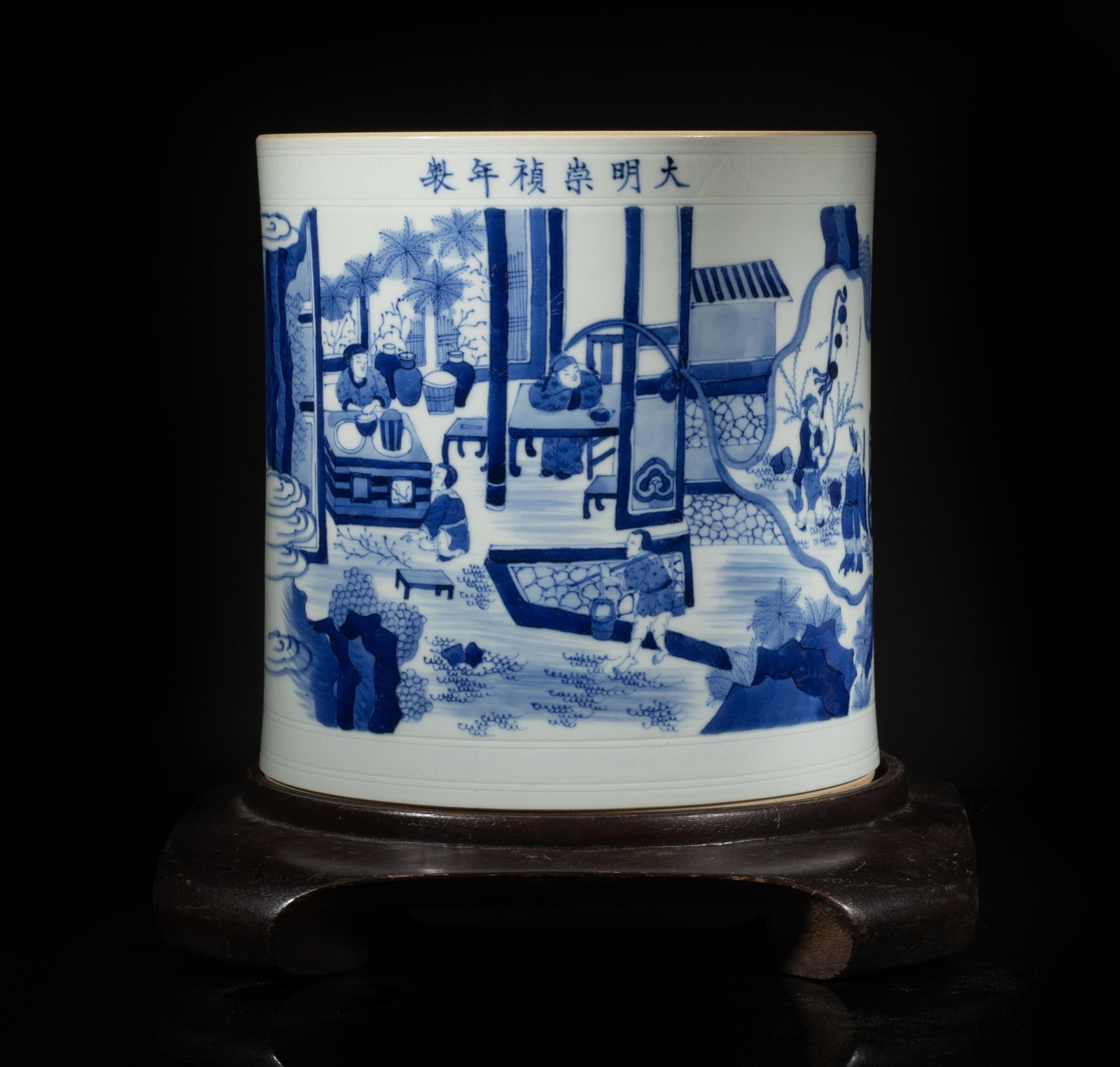 Large Chinese Export Porcelain Brush Pot: Of cylindrical form, the exterior painted with vivid figural scene, marked with six characters at the rim, with wood stand. Approx. 8.2*7.8 inch (w/o stand). The Estate of D. M. Atsuko, Los Angeles. 2