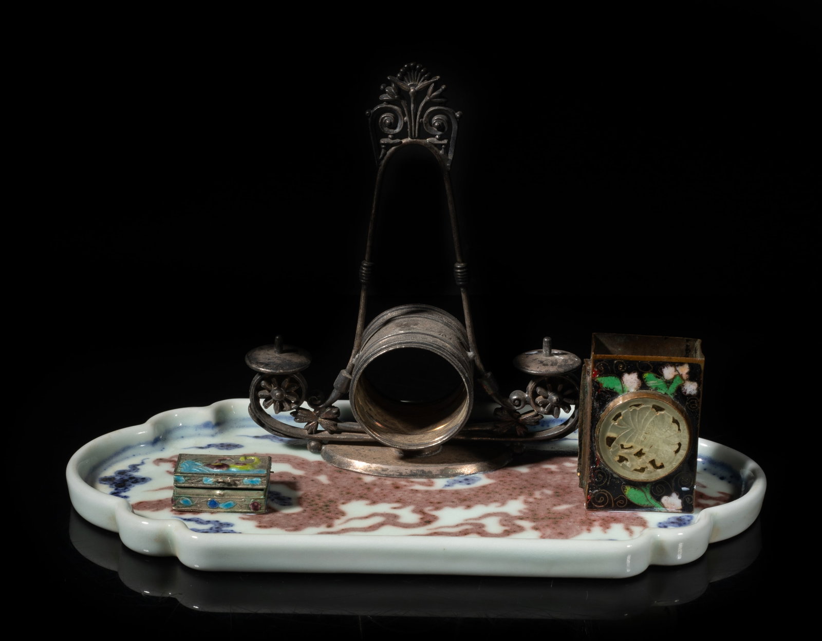 Early 20th Chinese Export Porcelain Writing Ware: Two vintage enameled cases and a napkin holder, with a porcelain tray painted with a copper red dragon amidst blue clouds, marked with six characters. Approx. 10*6.2*5 inch.
