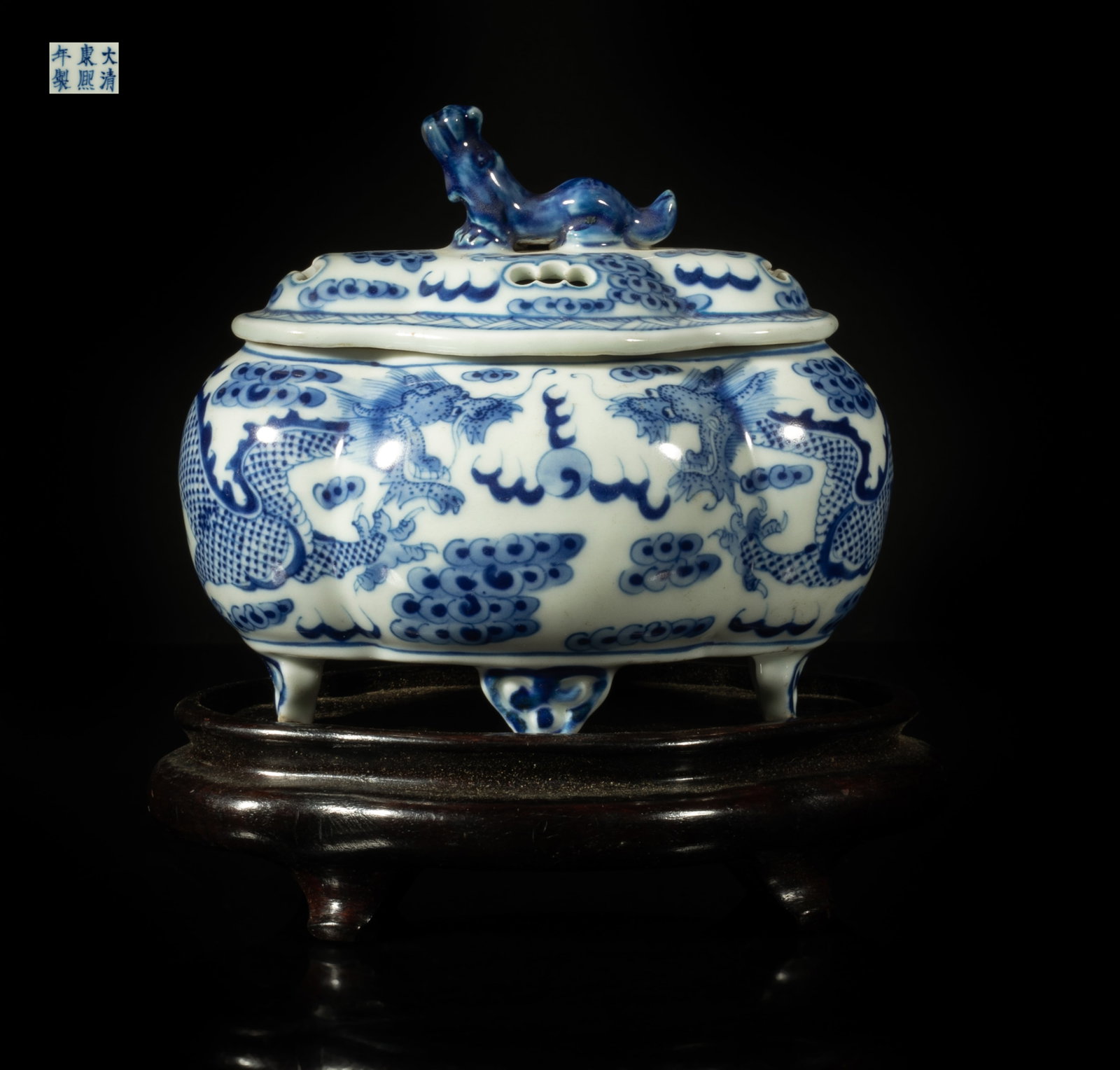 Estate Chinese Blue & White Porcelain Censer: Of ruyi head section, the exterior painted with a pair of dragons pursuing a flaming pearl amidst flames and clouds, the lid with a beast form finial, the bottom marked with six characters, with stand
