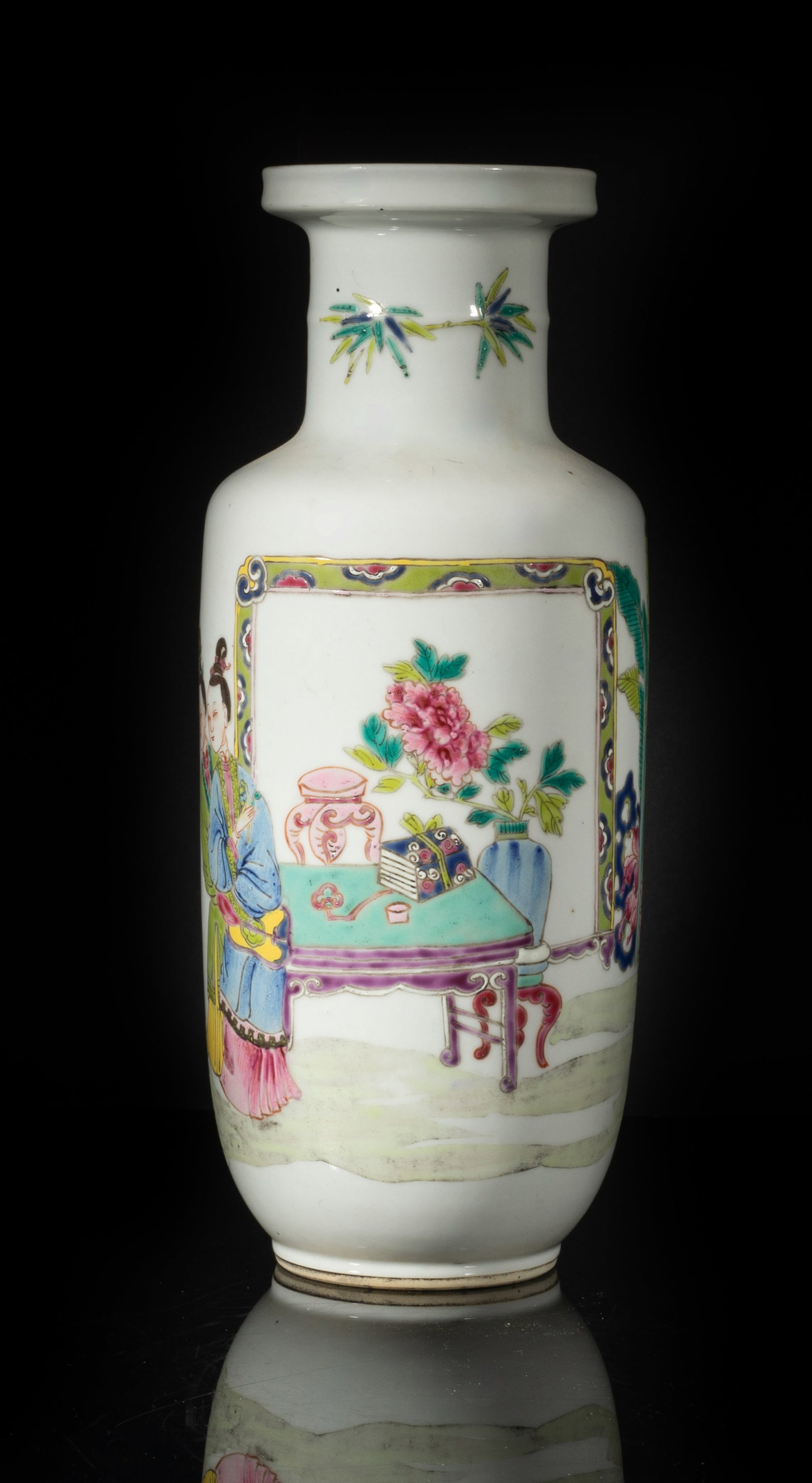Chinese Famille Rose Porcelain Vase: The vase exterior enameled and painted with two ladies standing around a screen and a table, and a boy observing a pot of fish, with flowers, bamboo and plantain leaves. Approx. 10.3*4.1 inch. The Est