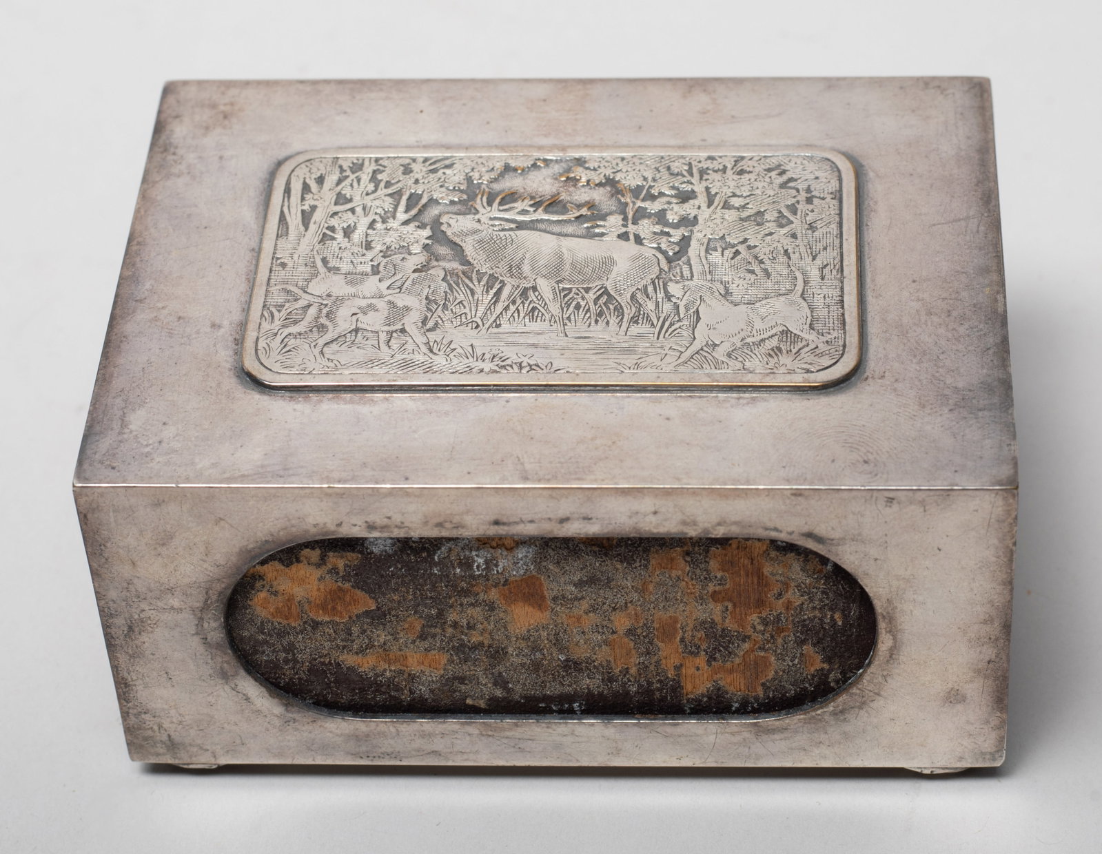 Antique/ Vintage France Matchbox: Vintage matchbox, the top carved with a deer and dogs in forest, the underside marked Christian Dior MADE IN FRANCE. Approx. 3.3*2.4*1.6 inch.
