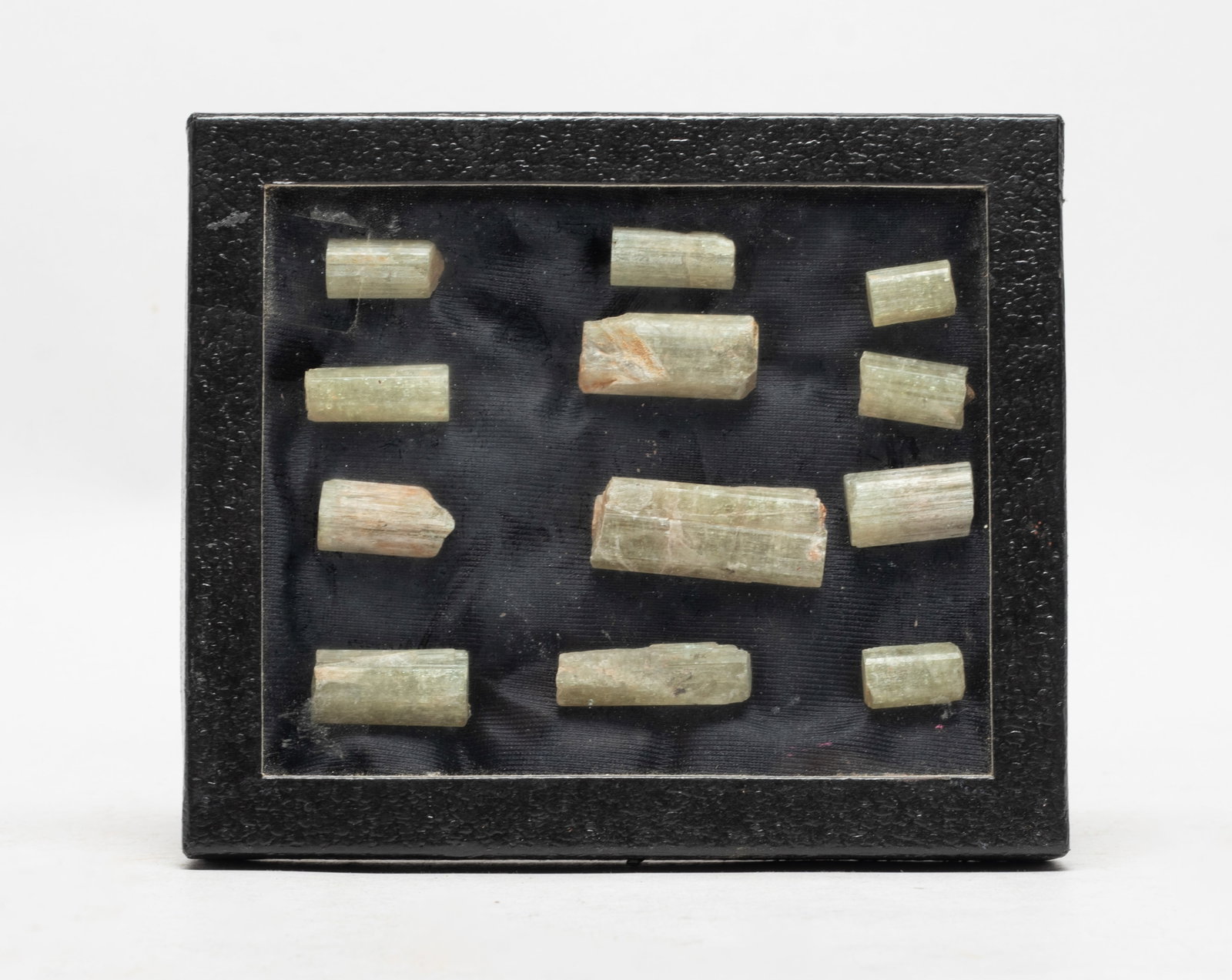Box of Yellow Tourmaline Stones: Set of 12 yellow tourmaline stone pieces, with case. Size varies.
