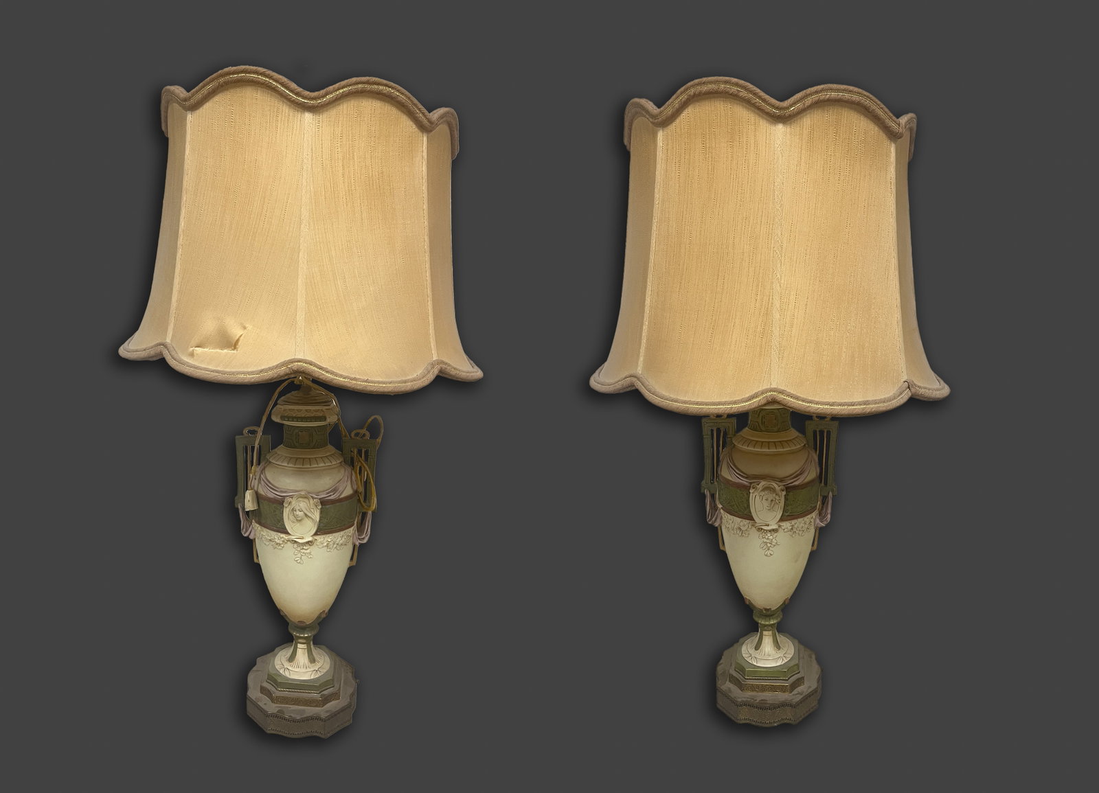Pair Old Continental Tall Living Room Lamps: A pair of vintage large living room lamps. Approx. 38.5*22.5 inch (larger).