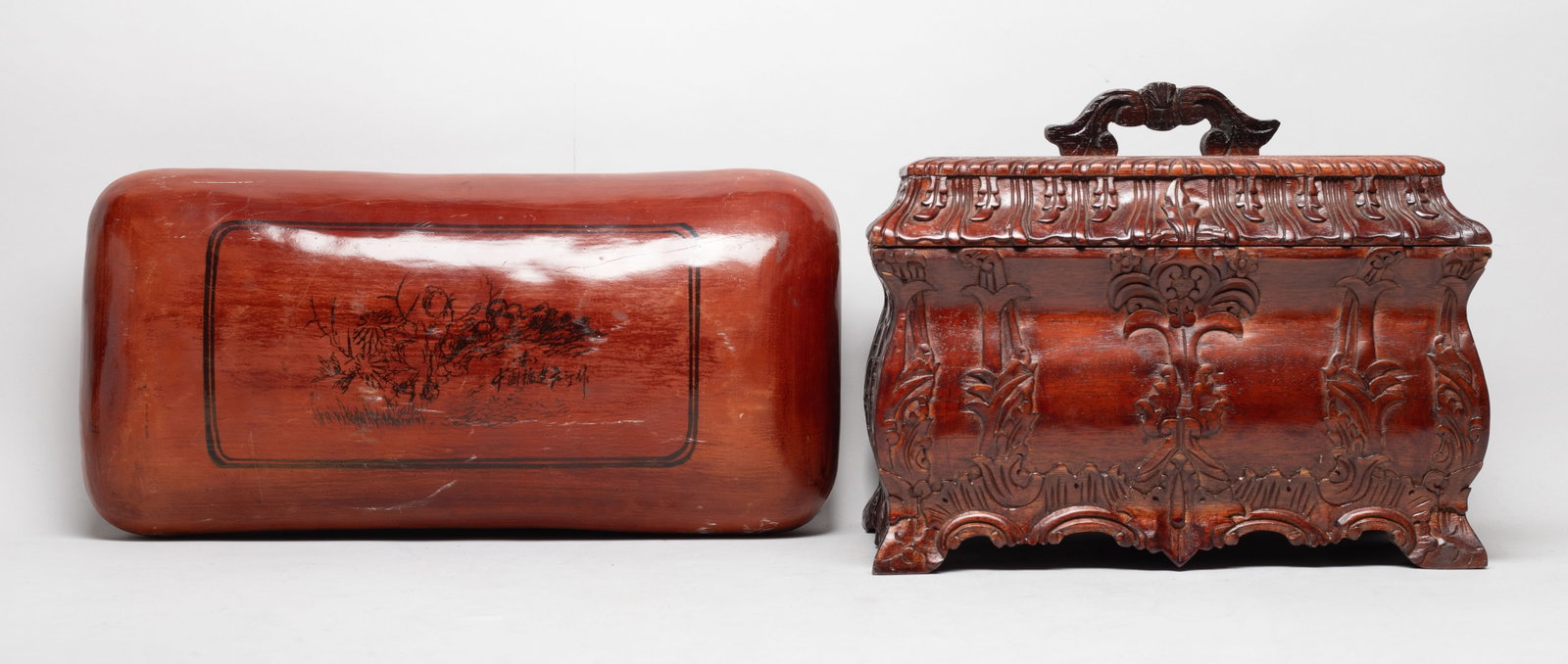 Large Chinese Lacquer Pillow, Wood Box: Including a Chinese lacquer pillow and a wood box carved with foliage patterns. Approx. 11.7*7*9 inch (wood box size).