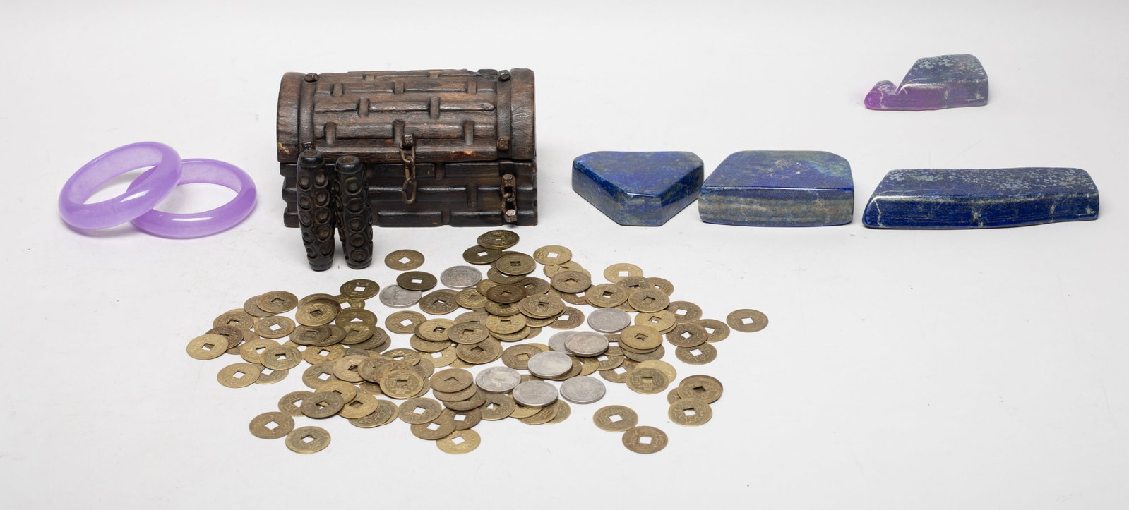 Chinese Fengshui Coins, Lapis Pieces: Including two bangles, three finely smoothed lapis sculptures, two large beads and a large group of Chinese Fengshui coins with a box. Approx. 5.7*1.5*0.7 inch (largest lapis).