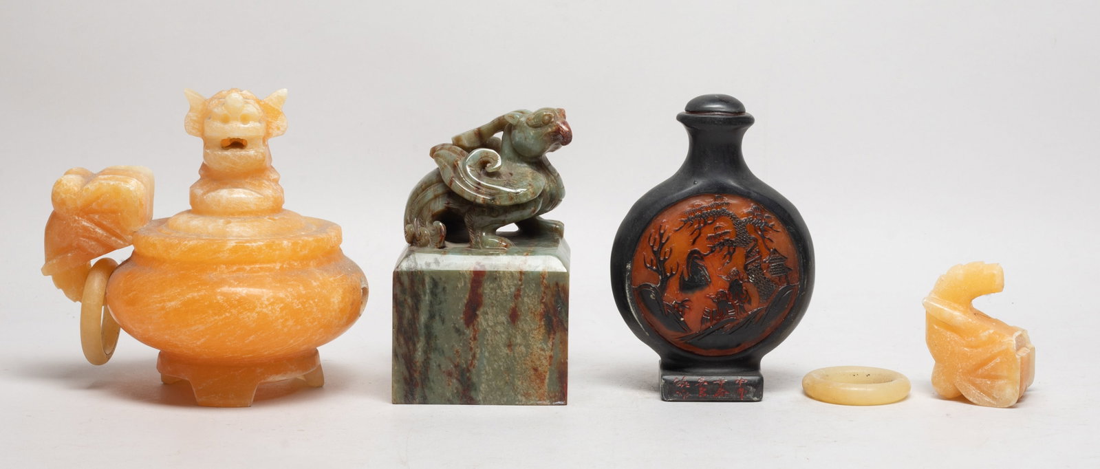 Chinese Large Jade Seal, Stone Sculptures: Including a censer, a bottle form seal carved landscape, and a large jade seal carved with a mythical bird on the top. Approx. 5.7*7.4*4.8 inch (censer size).