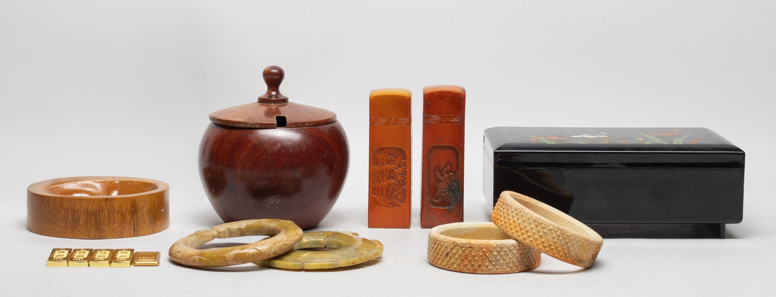 Vintage Chinese Stone, Wood, Decors: Including two seals, two huan, two stone carved pendants, a covered jar, a jewelry box, an ashtray, and decor pieces. Size varies.