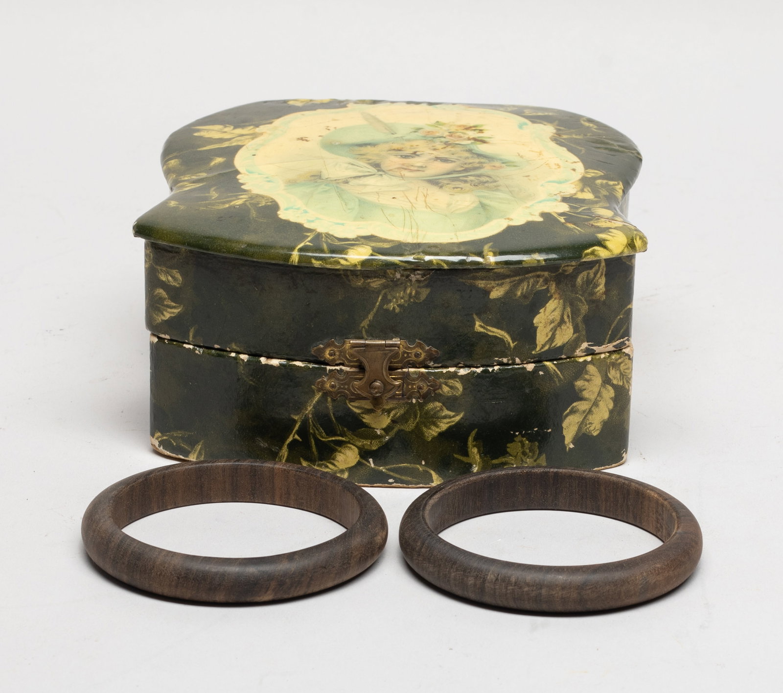 Two Chinese Export Wood Bangles: Two Chinese wood carved bangles, with box. Approx. 33 gram (total bangle weight), 3.05 inch outer diameter, 2.45 inch inner diameter (each bangle size).