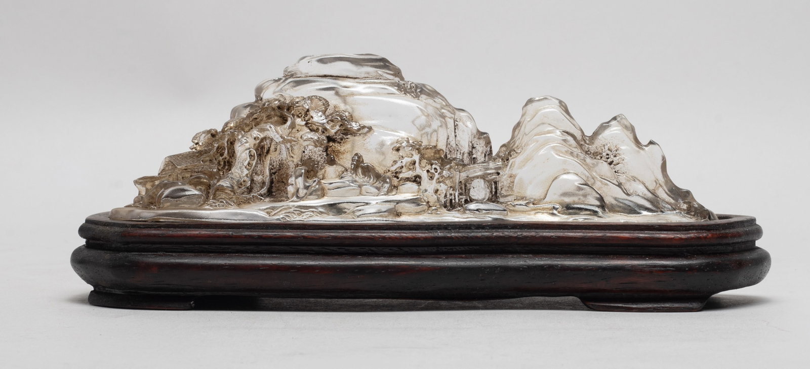 Estate Chinese Table Sculpture w/ Wood Base: Carved in the shape of a mountain range, one side with scholars, pine tees, pavilion and bridge, with stand. Approx. 7.3*2.2*2.1 inch (w/o stand).