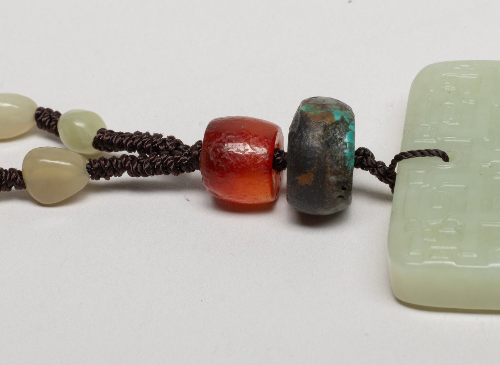 Two Chinese Export Jade, Cinnabar Necklaces - 11