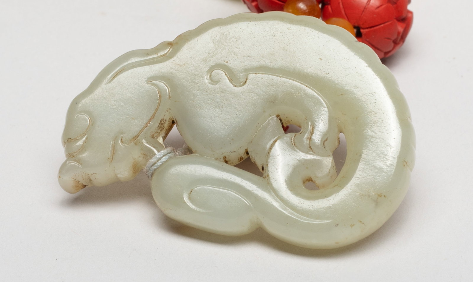 Two Chinese Export Jade, Cinnabar Necklaces - 13