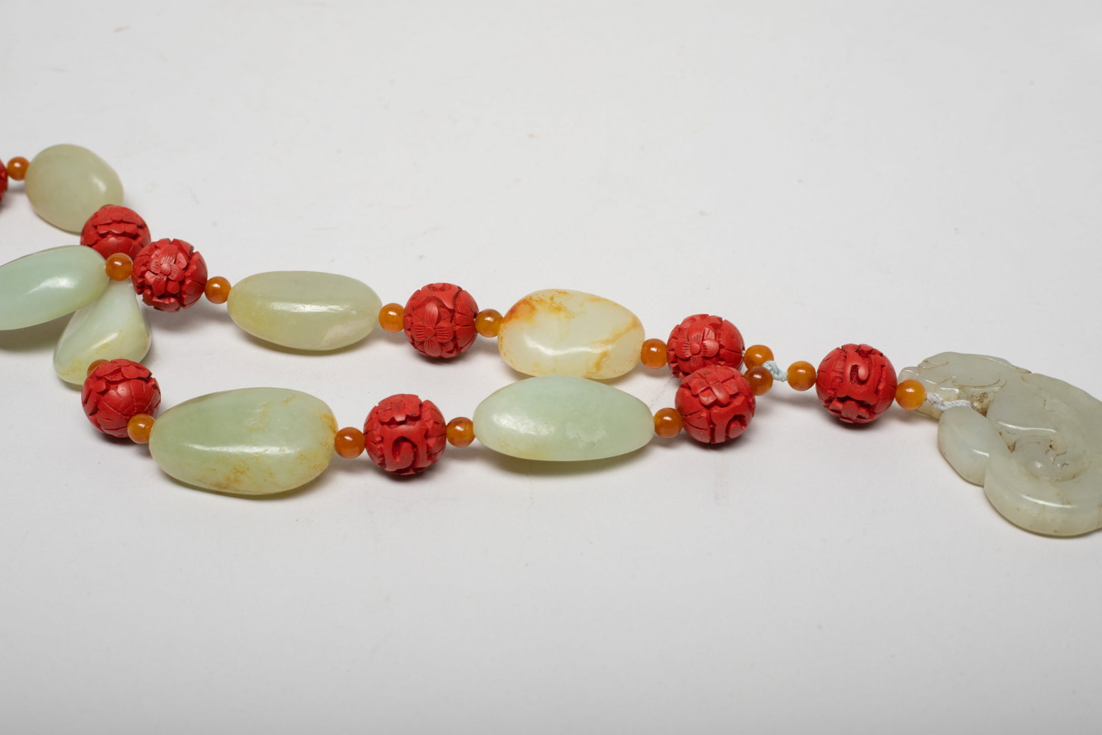 Two Chinese Export Jade, Cinnabar Necklaces - 15