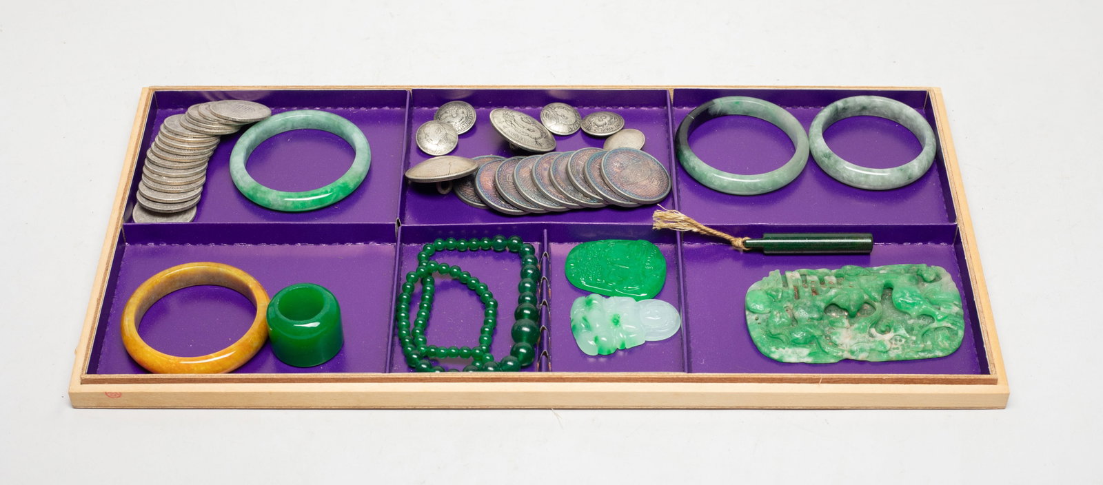 Estate Set Chinese Stones, Fengshui Coins, Decors: Including bangles, Fengshui coins, a thumb ring, a bead necklace, a hat finial, a Buddha pendant, a landscape pendant, and a plaque carved deer and lingzhi, with a tray. Approx. 4.15*2.4 inch