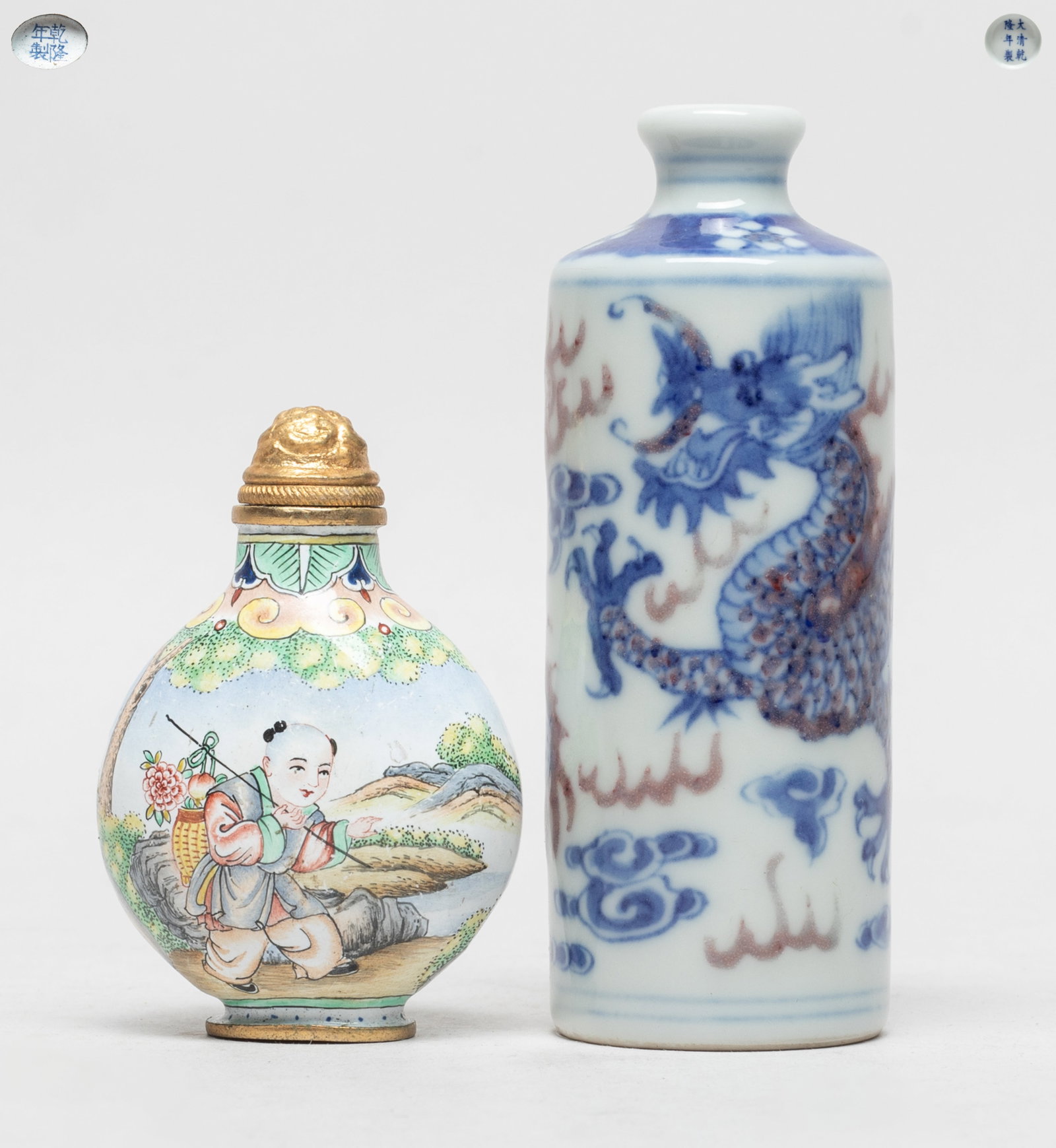 Chinese Porcelain, Brass Snuff Bottles: The porcelain snuff bottle of cylindrical form, the exterior painted with a dragon pursuing a flaming pearl amidst flames and clouds, the bottom marked six characters, the brass snuff bottle enameled