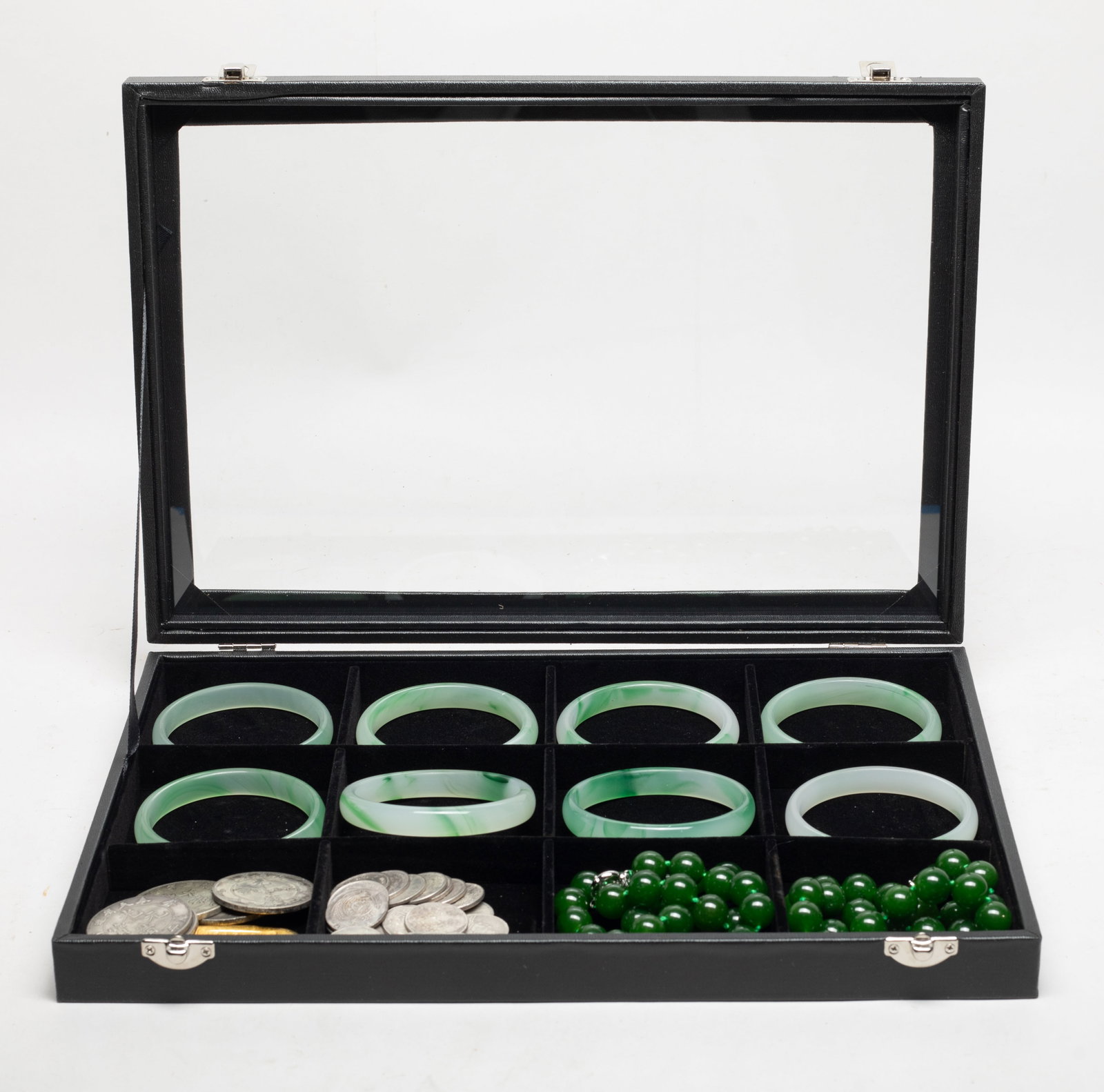Vtg. Chinese Glass, Fengshui Coins: Including eight bangles, two colored bead necklaces, a metal piece and a large group of Fengshui coins, with case. Approx. 3 inch outer diameter, 2.47 inch inner diameter (largest bangle).