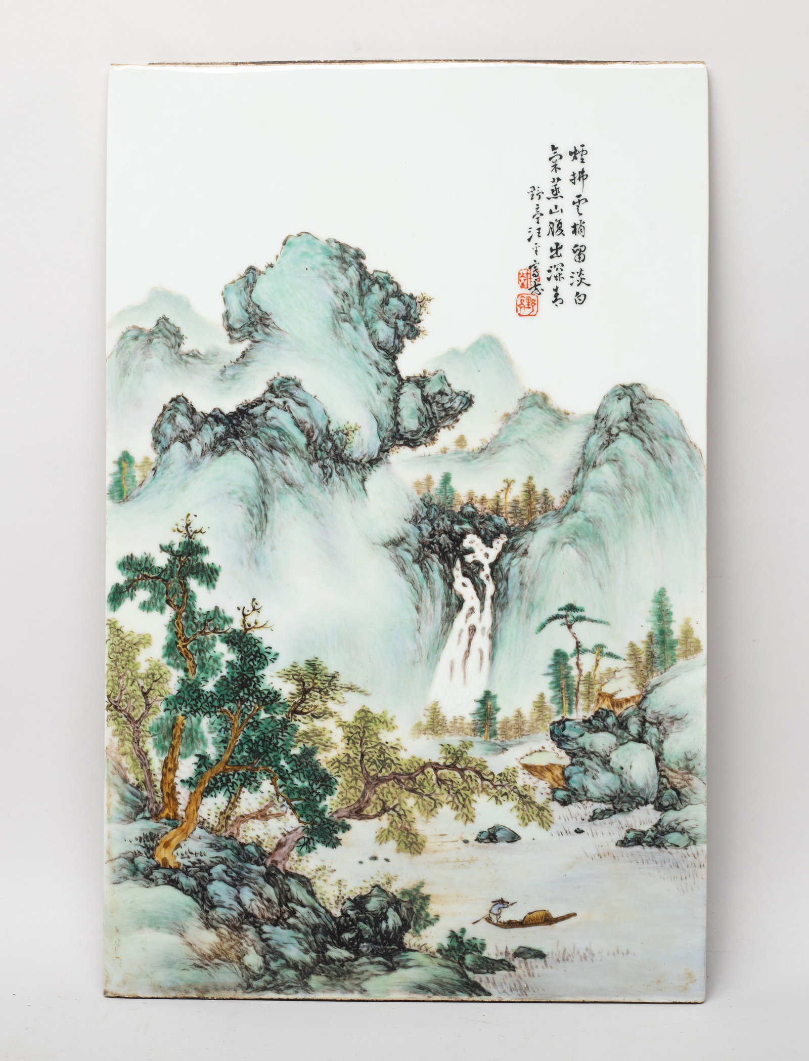 Estate Chinese Export Porcelain Plaque: The rectangular porcelain plaque painted with a scene of mountains dotted with various trees, all beside large bodies of water, inscribed with related poems. Approx. 16.1*10.3 inch.
