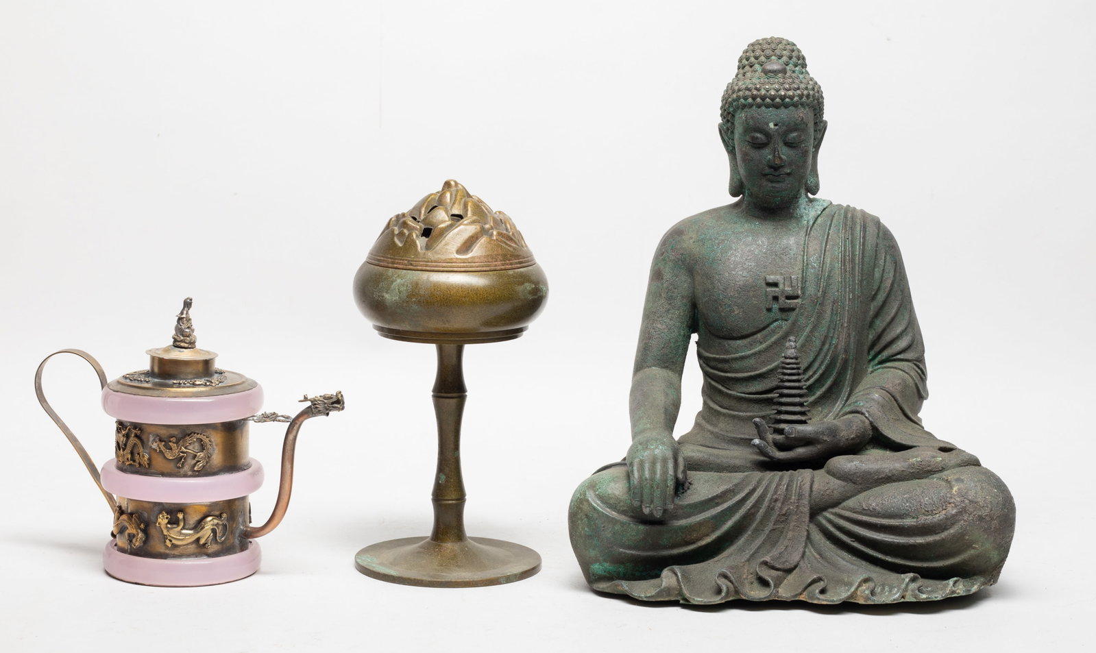 Chinese Export Bronze Sculpture, Censer, Pot: Including a seated Buddha sculpture, a censer, and a pot carved with dragon, phoenix and beast. Approx. 10*8*5.7 inch (Buddha size).