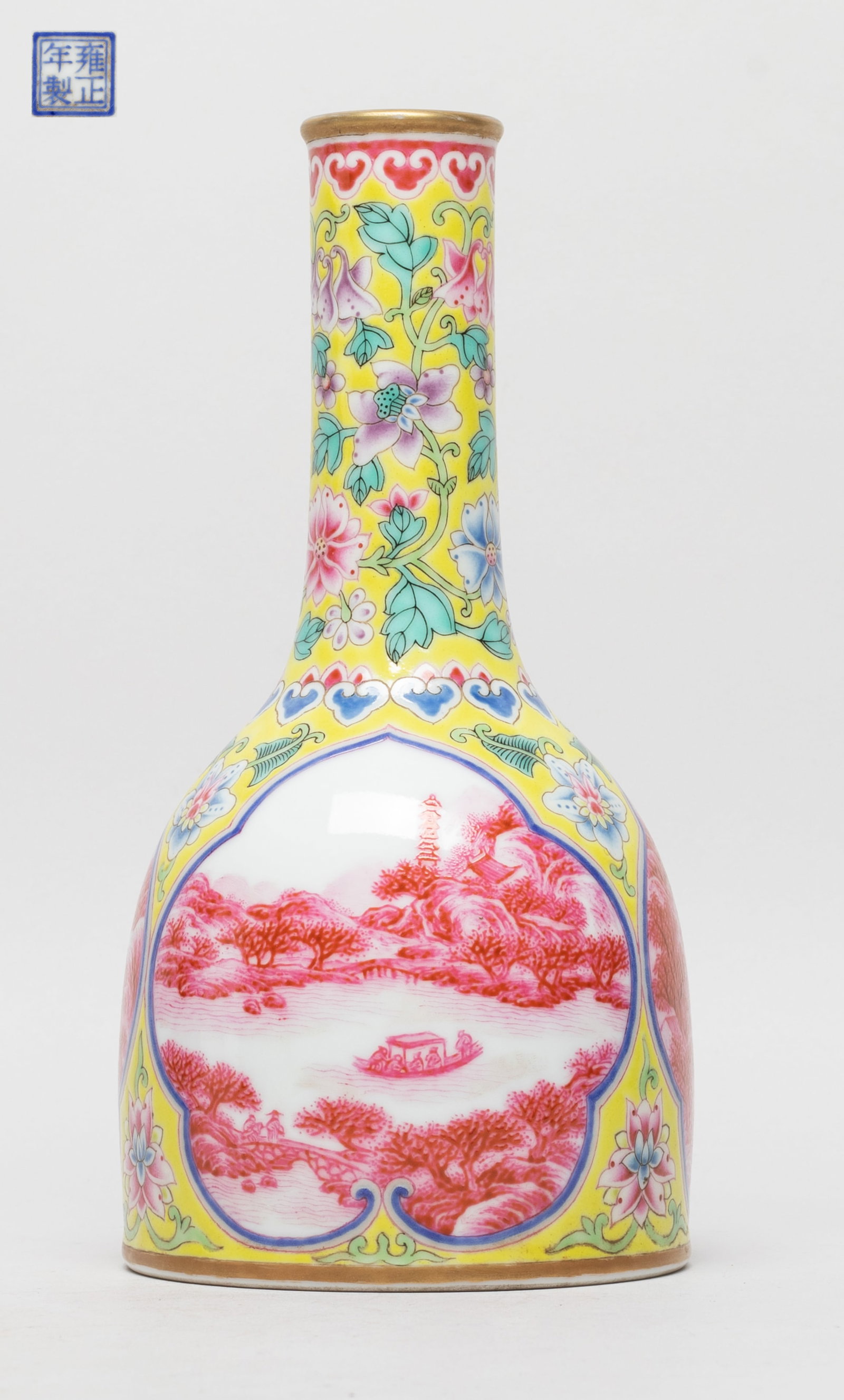 Chinese Enameled Porcelain Vase: The vase exterior decorated with three medallions of pink-color landscape scene, against a bright yellow glazed background suffused with lotus foliage, the bottom with a seal mark. Approx. 3.7*7.3 inc