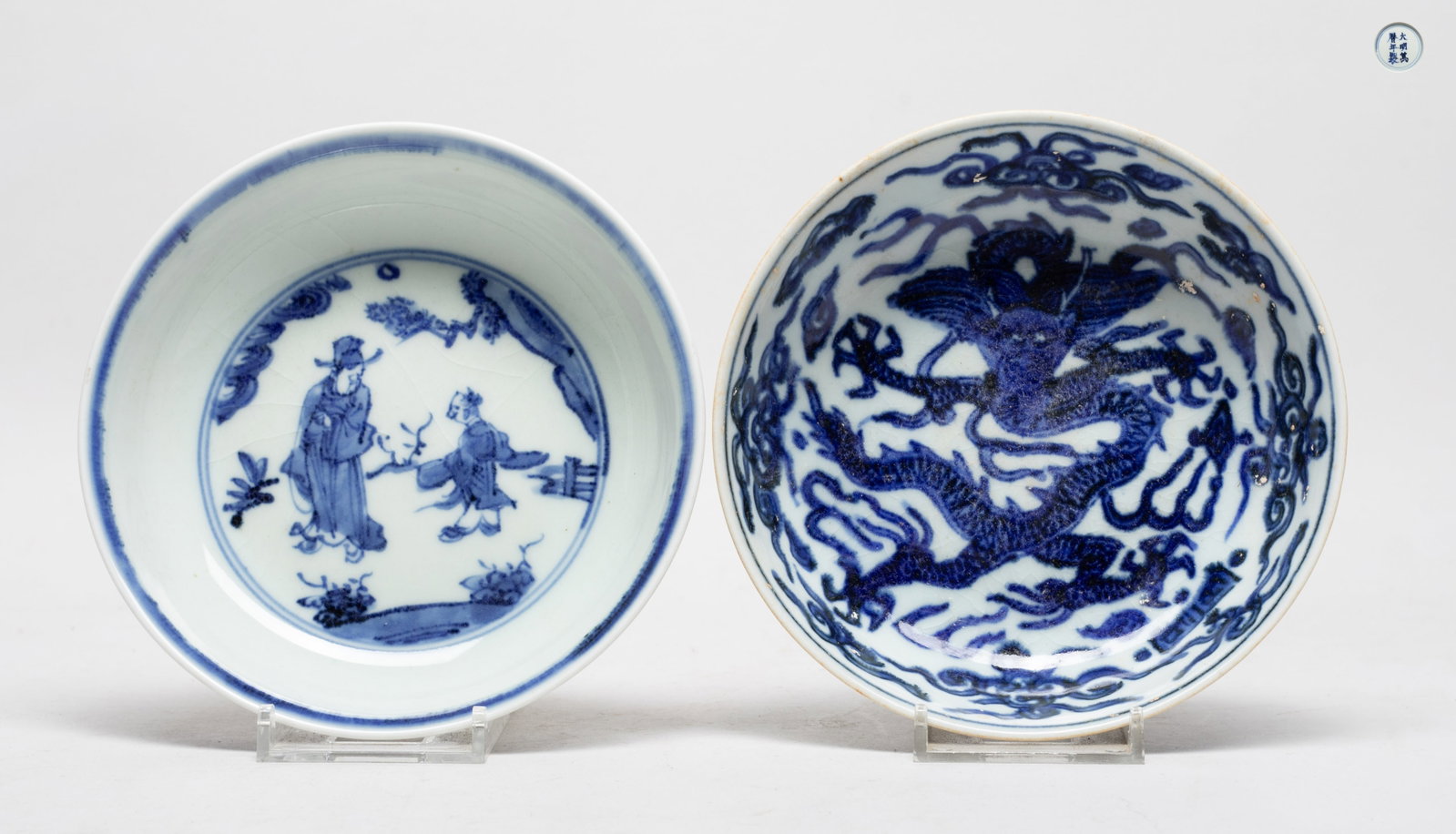 Two Chinese Export Porcelain Plates: One plate interior painted with a dragon sinuous amidst clouds, the bottom marked with six characters enclosed in double circles, the other plate interior painted with a scholar and his servant. Appro